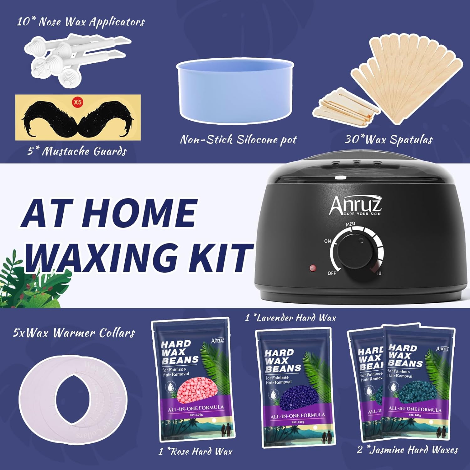 Anruz Waxing Kit for Women Men - Wax Kit for Hair Removal with Silicone Bowl,4 Bags Hard Waxing Beads and 30 Sticks - at Home Use Wax Warmer for Full Body, Bikini, Eyebrow, Face, Sensitive Skin