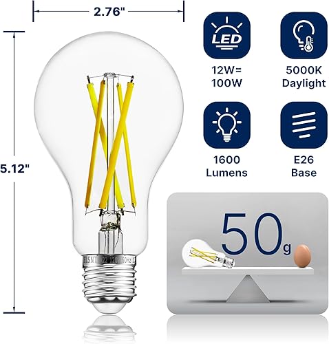 Miniatura 2 de FLSNT Bombillas LED Edison equivalentes a 100 W, luz diurna de 5000 K, bombillas LED A21 regulables de 12 W, 1600 LM, CRI90, base E26, paquete de 8