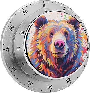 Colorful Bear Painting Kitchen Timer 60 Minute Visual Wind Up Timers Indoor Mechanical Timers with Magnetic Base Stainless Steel Timer for Home Cooking Time Management Tool