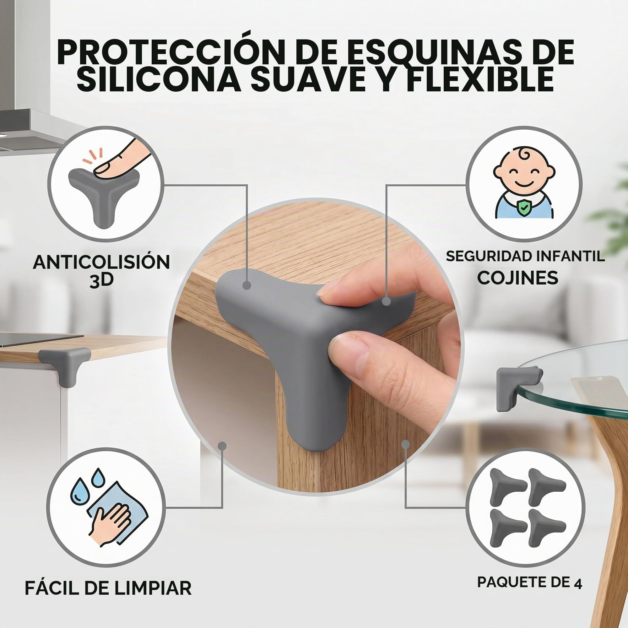 Protectores de Esquina, 4 Piezas/Bolsa Protección de Silicona para bebés Ángulo anticolisión Muebles de Escritorio Escritorio de Seguridad para niños Mesa de Parachoques Cubiertas de Esquina(Negro)