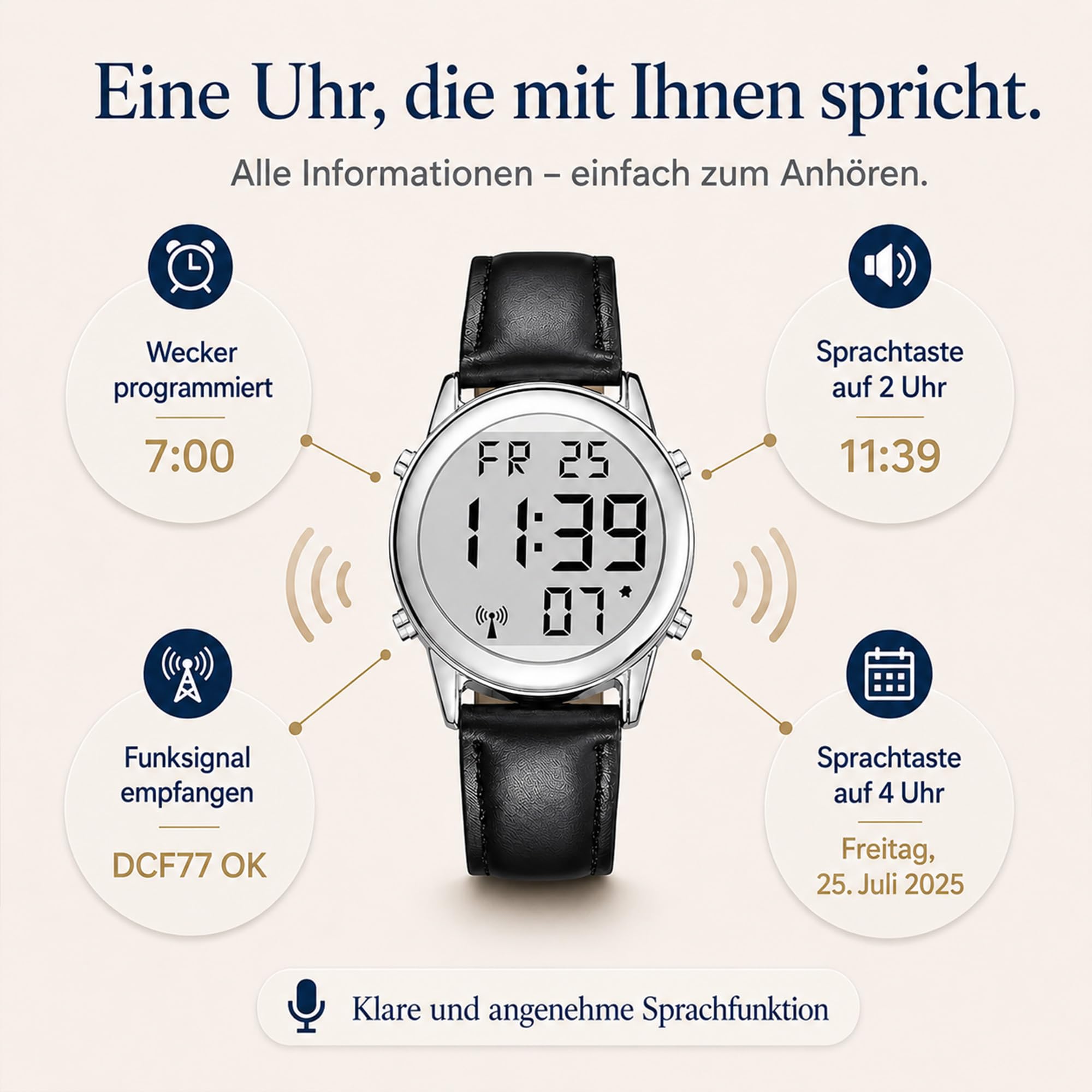 Deutsch Sprechende Herren Armbanduhr I Funkarmbanduhr I LCD Große Zahl Leicht zu Lesen I Datum- und Zeitansage I Für Blinde, Senioren und Demenzkranke