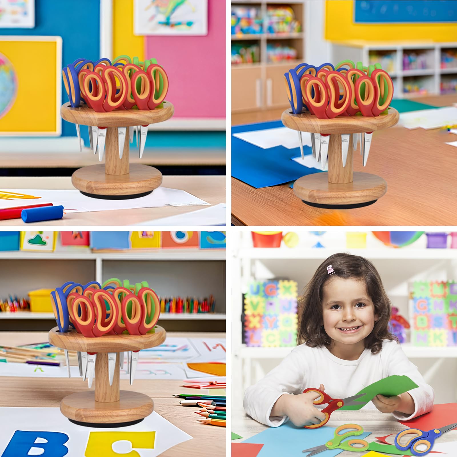 Tijeras para niños para estudiantes escolares (paquete de profesores de aula con soporte de madera) (12)