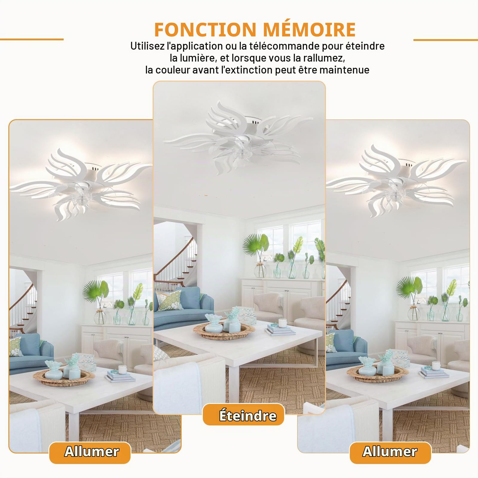 Lustre Ventilateur De Plafond Avec Télécommande APP,LED Dimmable Lampe Ventilateur Avec Fonction Mémoire,6 Vitesses Réversible Plafonnier Ventilateur À Fleurs Pour Chambre À Coucher, Blanc
