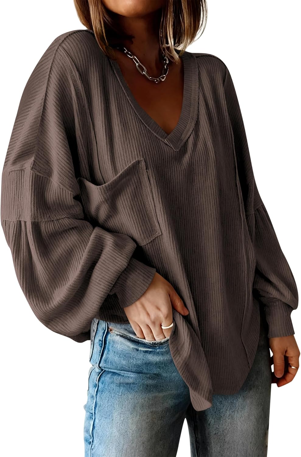 Women Long Sleeve Shirts Casual V Neck Ribbed Knit Blouses
