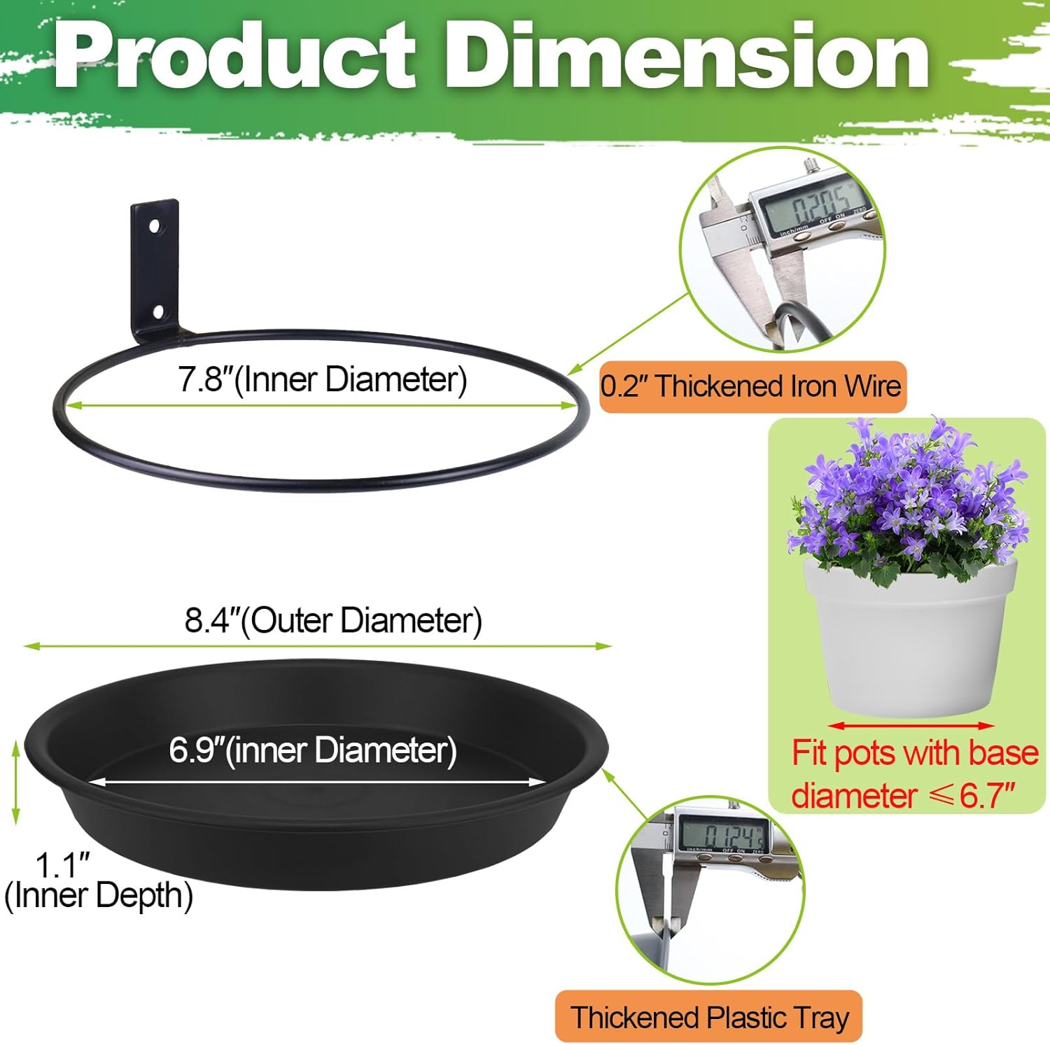 Wall Mount Plant Holder with Saucer Trays 8 inch, 6 Pack Heavy Duty Metal Fence Mounted Plant Holders for Wall, Ring Flower Pot Hanger Planter Bracket for Outside Indoor Outdoor Bird Feeder