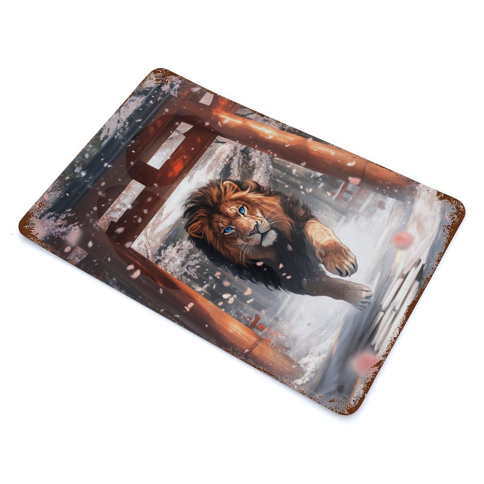 Vintage Rust Metal Sign with Majestic Lion Torii Design 11.8"x7.9", for Garage, Bar And Workshop Decor, Retro Wall Decor