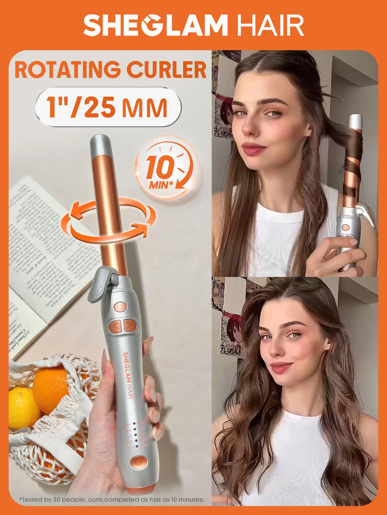 SHEGLAM Fer à Boucler Rotatif Automatique 25mm pour Cheveux Longs - Créez des Vagues Beach Effortless avec un Barillet Auto-Tournant (jusqu'à 220°C), Bouton Home et Double Tension