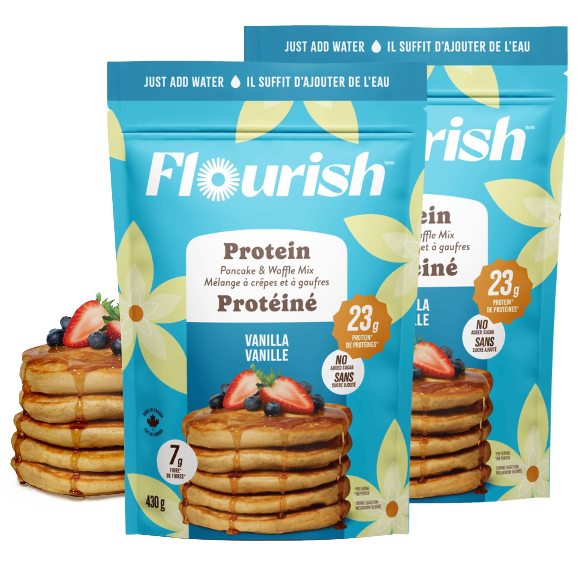 Protein Pancake & Waffle Mix, with Whey Protein & Flax Seed, No Added Sugar, High in Protein & Fiber - Just Add Water - Vanilla Flavour, 430g (2 Pack) - Made in Canada