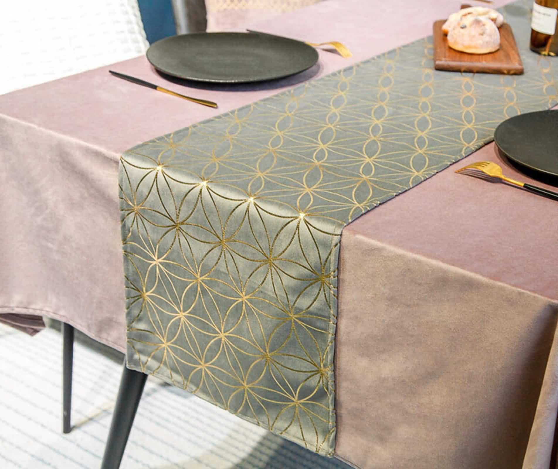 Kitchen Table Runner, Chemin de Table de Noel Grise Velours Or 32x240CM Fleur de Velours Vintage Deco Intérieure Extérieure