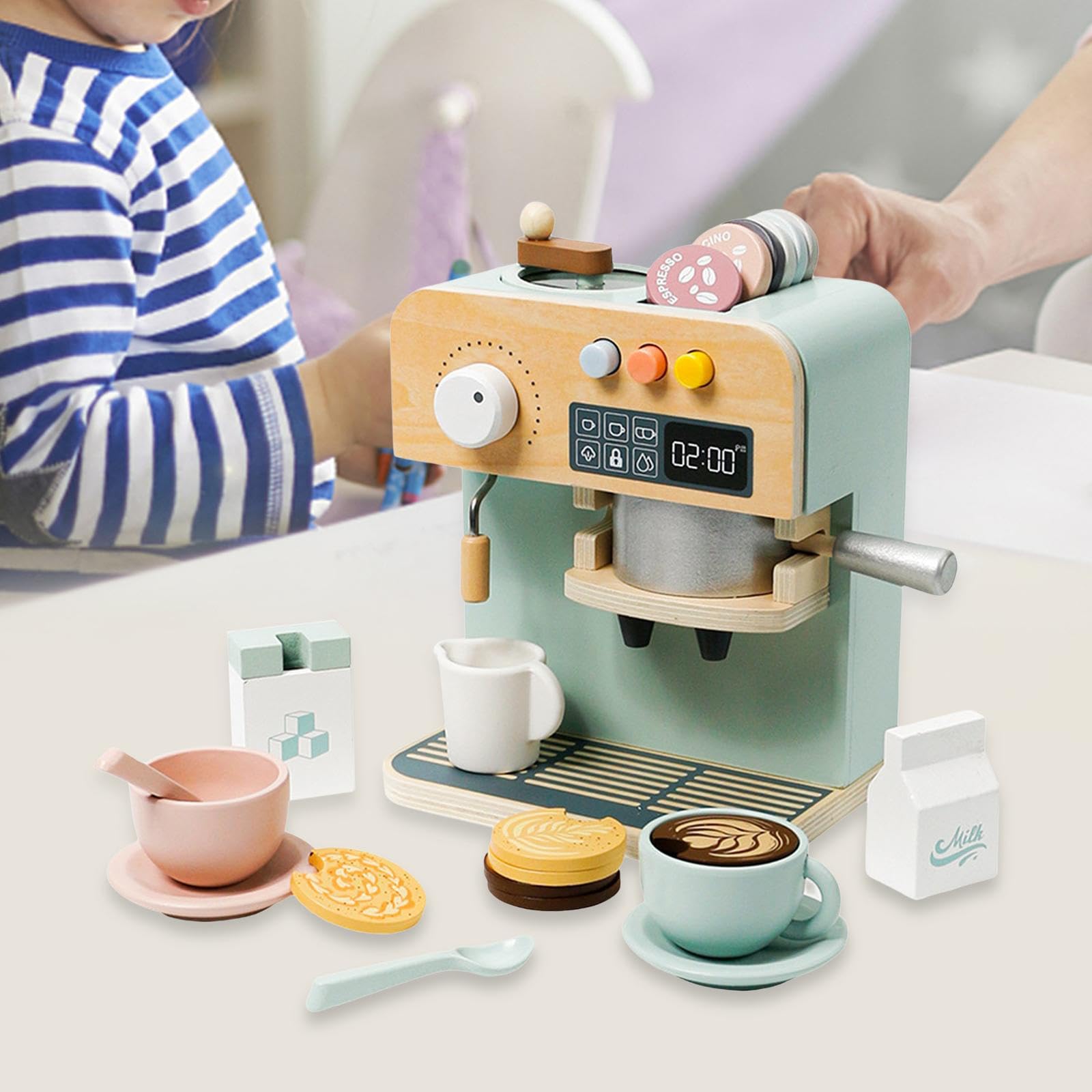 Macchina da caffè giocattolo per bambini, set da cucina in legno, supporta il gioco creativo con esperienze di simulazione coinvolgenti con macchine