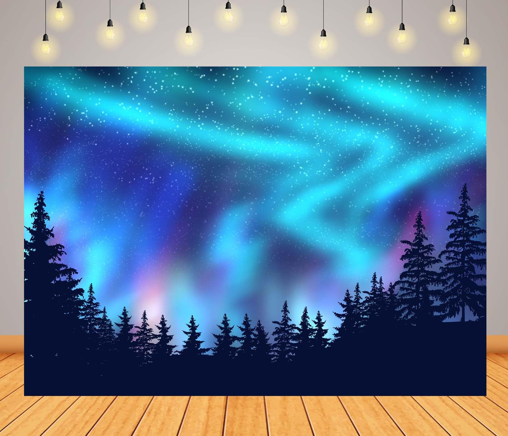 Stoff 4,6x3m (15x10FT) Nordlichter Kiefernwald Fotohintergrund Grün Blaue Aurora Nachthimmel Kulisse für Winterfeier Porträt Familie Erwachsene