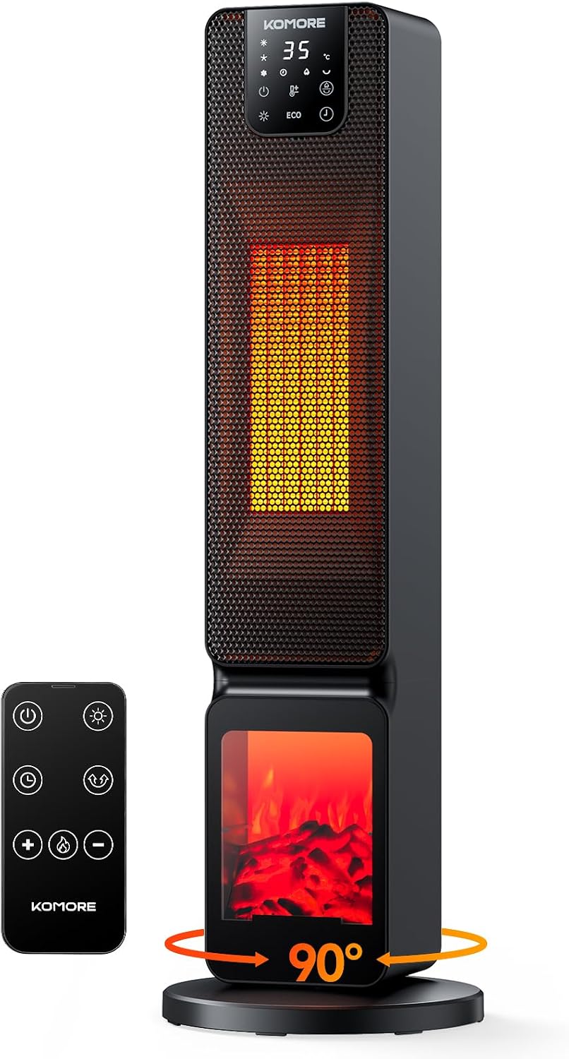 Heater with Fireplace, 2000W Electric Heater for Home, 90 Oscillation PTC Fan Heater, LED Display, 4 Modes, ECO Adjustable Temperature, 12H Timer, Remote Control, Overheat & Tip Over Protection