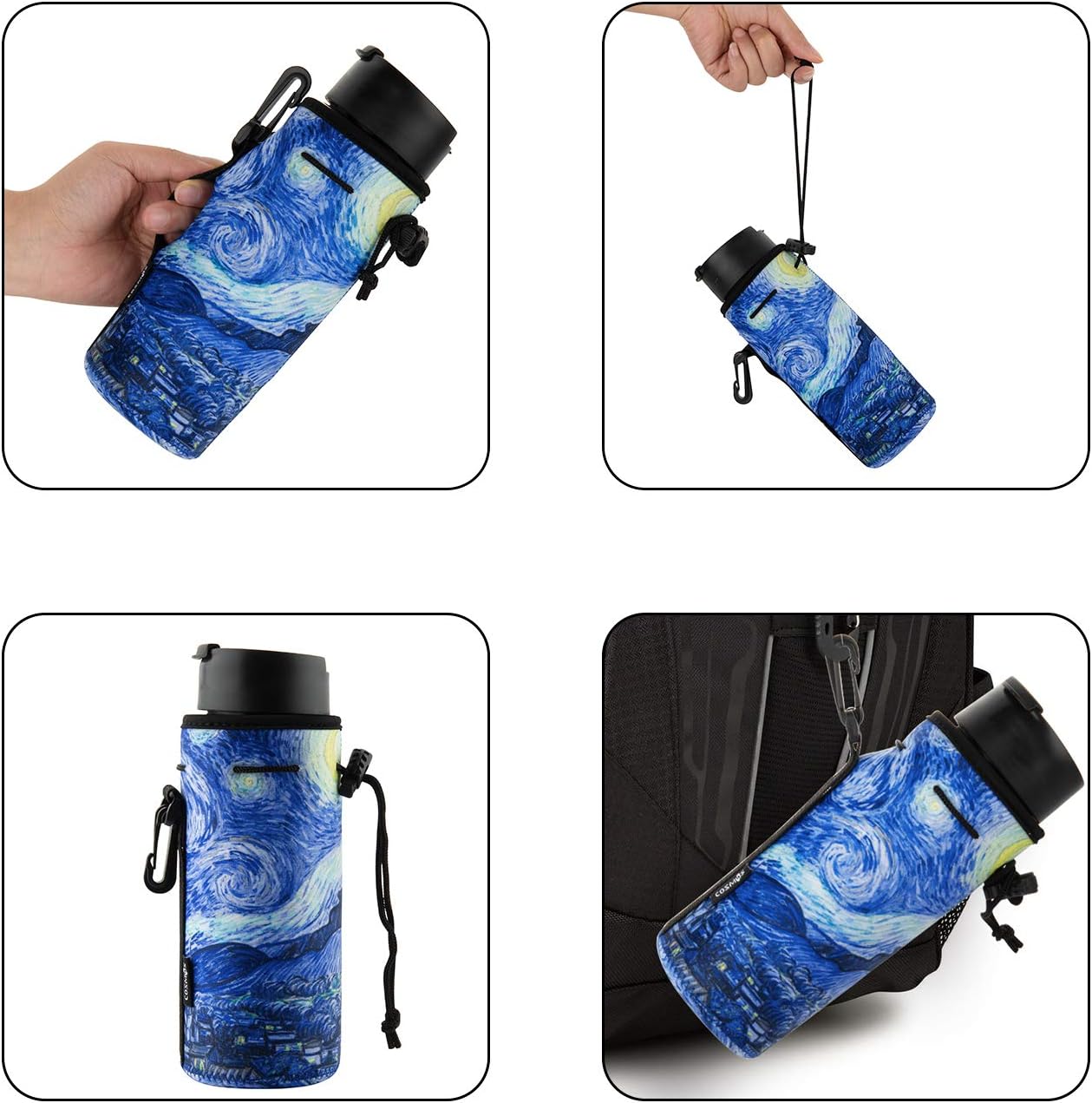 CM Neoprene Bottle Sleeve - Portable Insulator Cover with Drawstring for 18-20 Oz Bottle (Marble & Van Gogh Painting Patterns, 2 pcs)