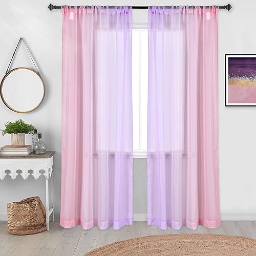 Cortinas traslúcidas moradas y rosas para decoración de dormitorio de niñas, 2 paneles con bolsillo para barra, cortinas transparentes degradadas