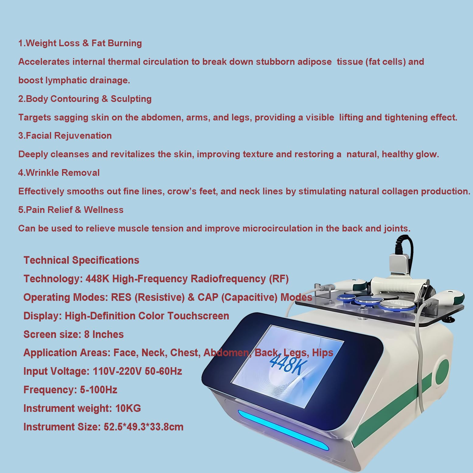 Apparecchio per Terapia Tecar a 448 kHz per Il Sollievo dal Dolore, Dispositivo di diatermia RET CET con Touchscreen HD da 8", Fisioterapia per Il Recupero Muscolare, 52x49x33cm