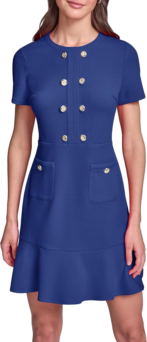 Karl Lagerfeld Womens Short Sleeve Crew Neck Scuba Crepe A-line Flounce Hem Dress