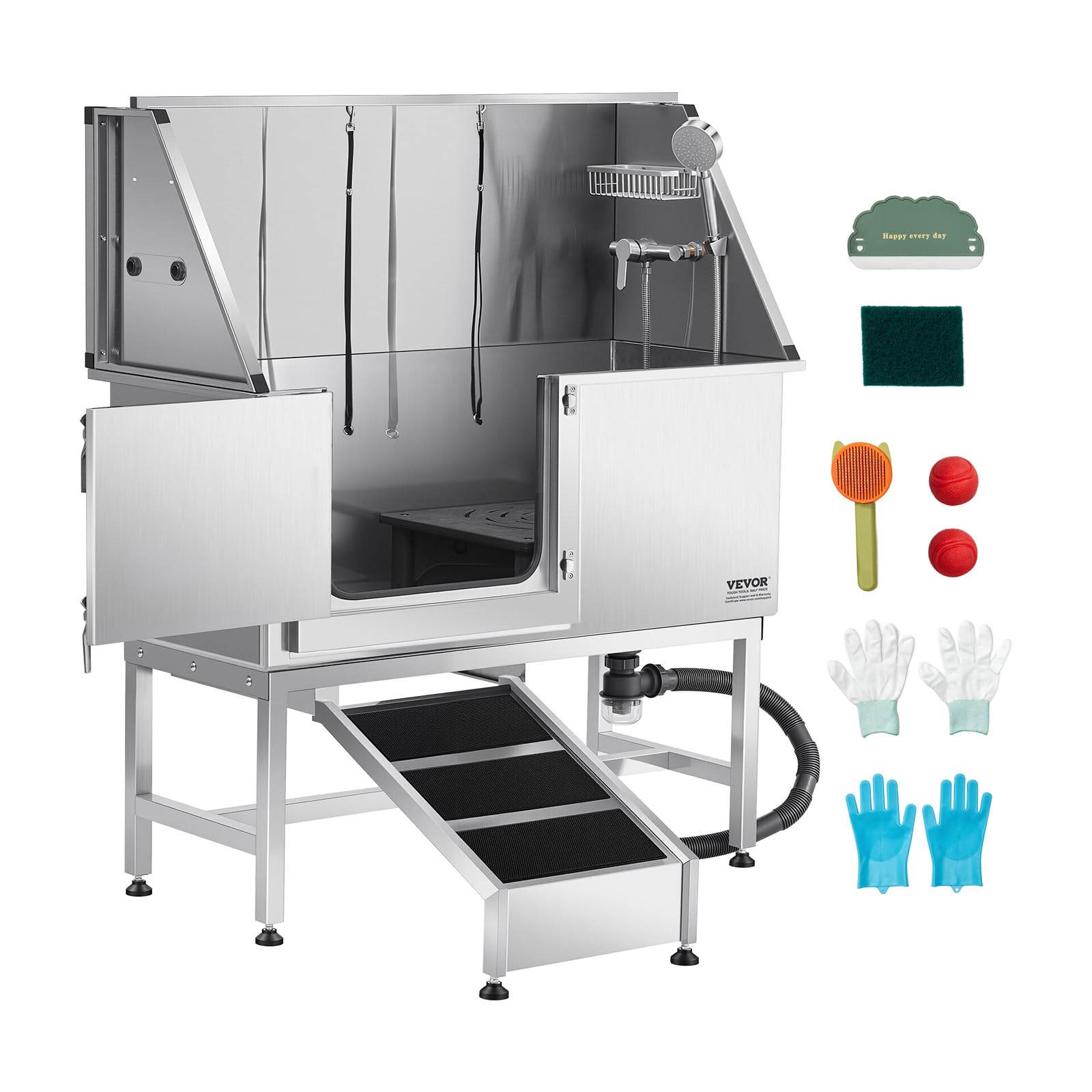 VEVOR Stainless Steel Dog Washing Station, 127 cm Pet Grooming Tub w/Ramp, PE Water Filter Board, Faucet & Showerhead & Soap Holder Dog Bathtub for Large & Medium & Small Pets (Left Door)