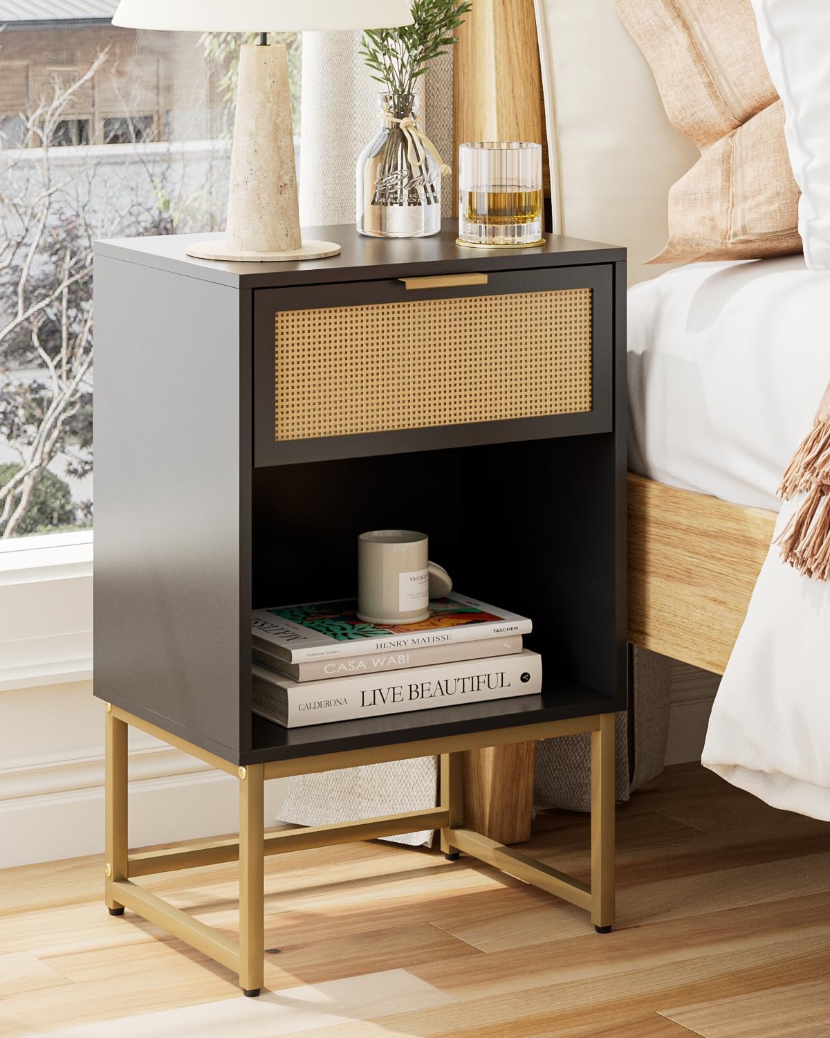 Boho Bedside Table, Rattan Modern Wooden Bedside Table with Drawer, Side Table, Side Table for Bedroom, Living Room, Office (Black Rattan)