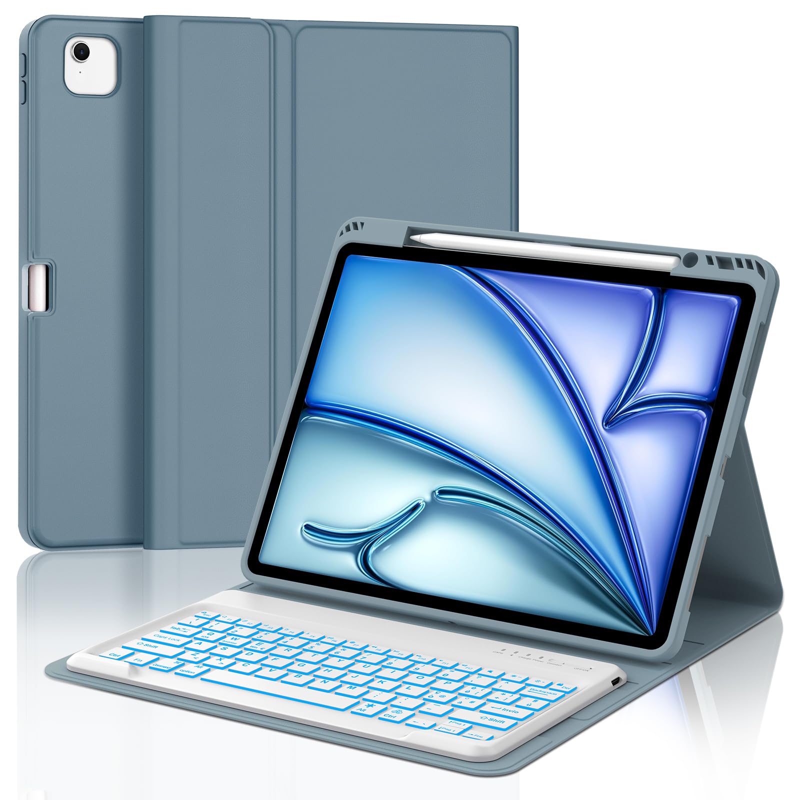 Occtingkind Per iPad Air 13 (M4/M3/M2) Cover Tastiera con RGB Italiana | Tastiera per iPad Air 13 M4 - Con Retroilluminazione 7 Colori Custodia Magnetica Keyboard, Utilizzo ottimale, Blu Nebbia