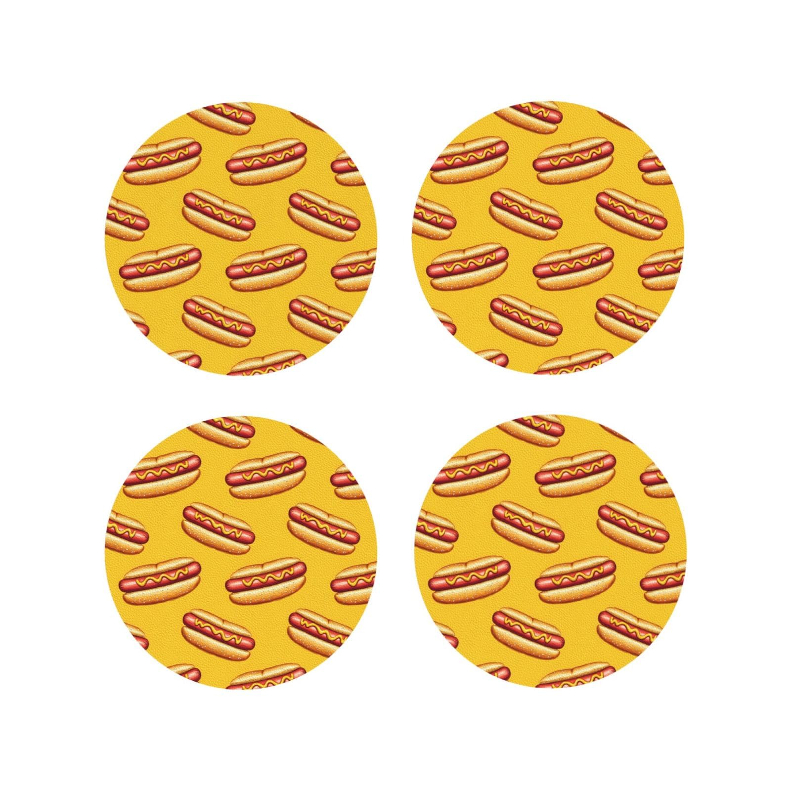 Leather Coasters Set of 4 - Hot Dog Yellow Print Lightweight Drink Coasters for Desk