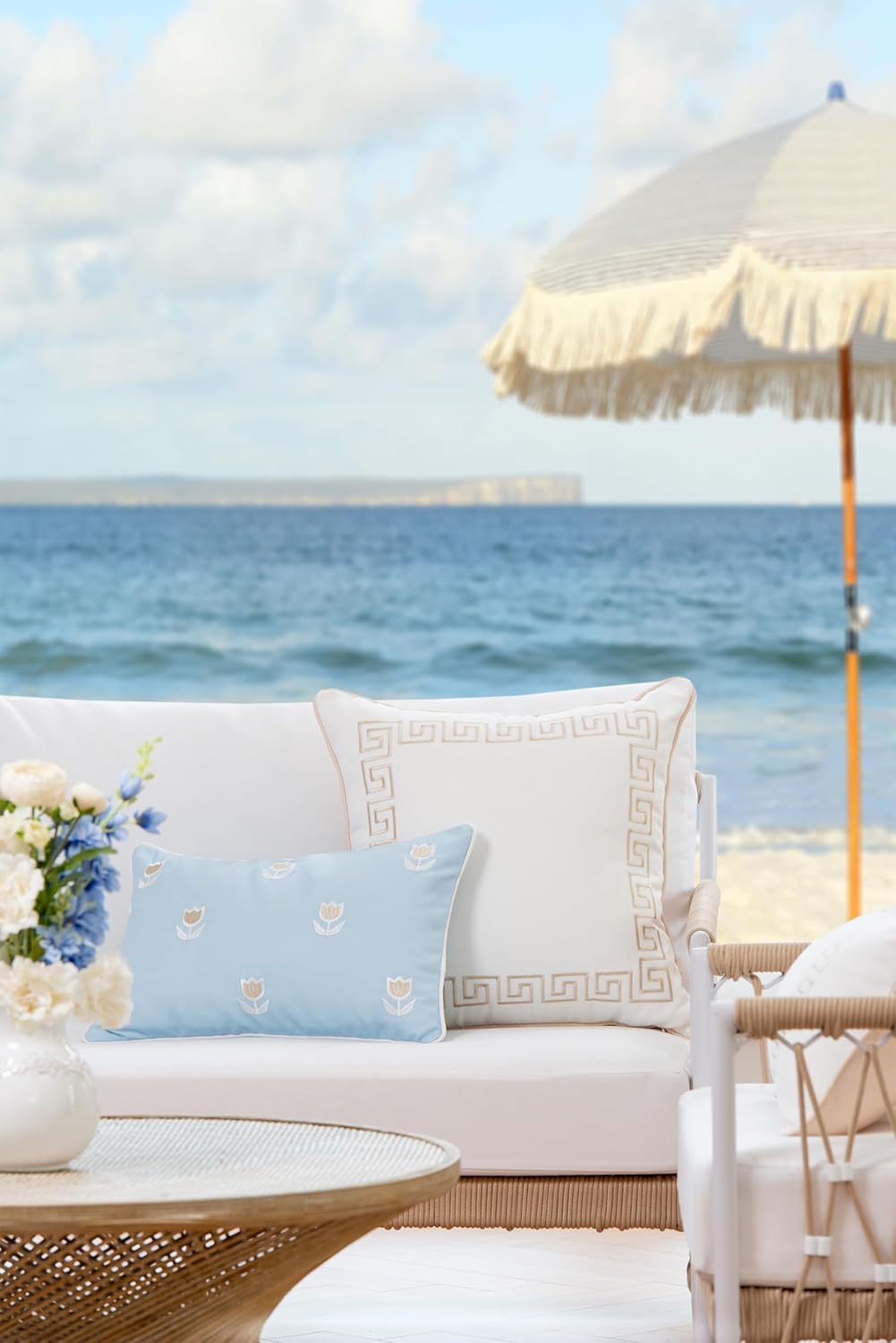 Hofdeco Premium Coastal Patio Indoor Outdoor Lumbar Pillow Cover Only, 12"x20" Water Repellent for Backyard, Couch, Baby Blue Tan Embroidered Tulips Floral with Piping