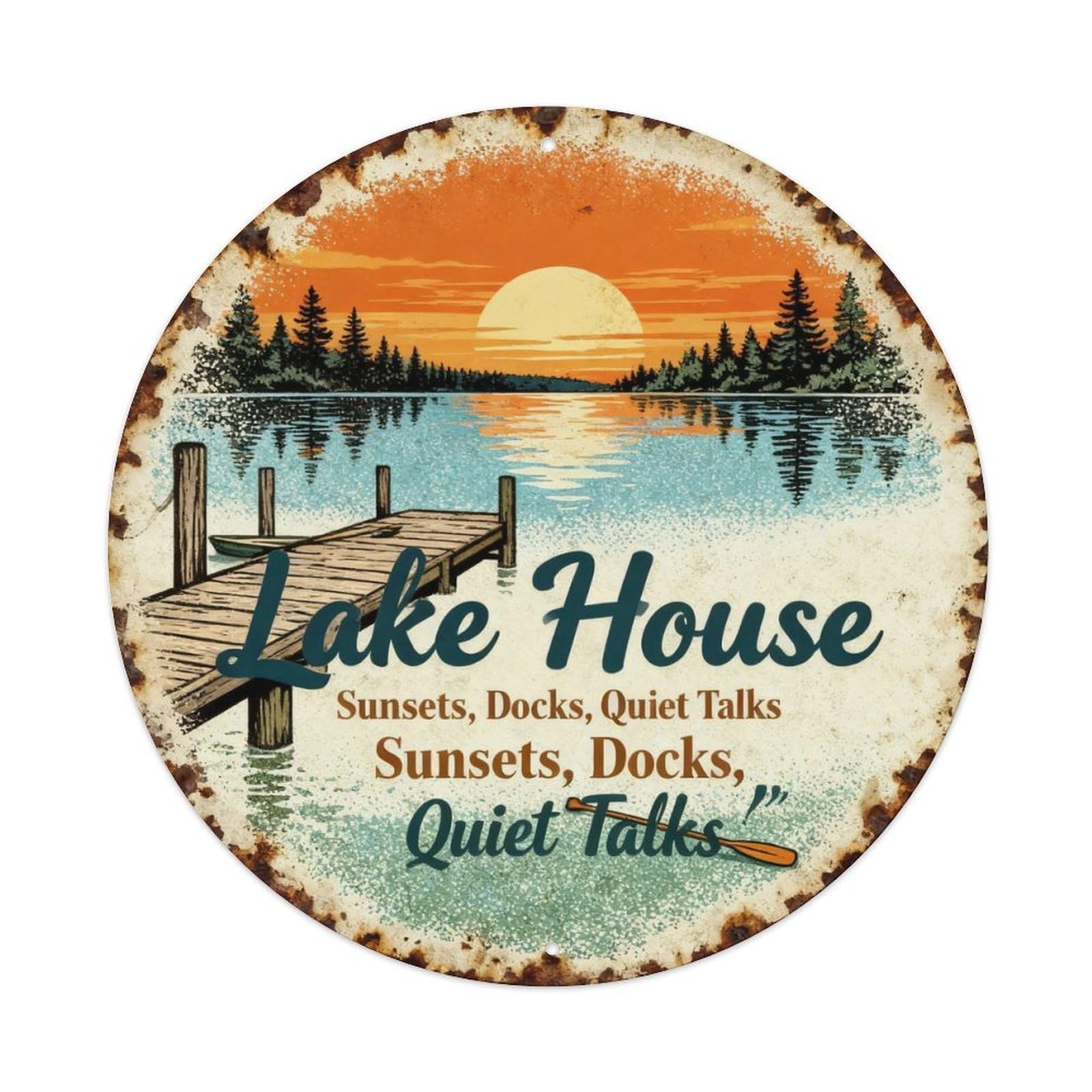 Lake House Sunset Dock Decor Metal Tin Sign Plaque