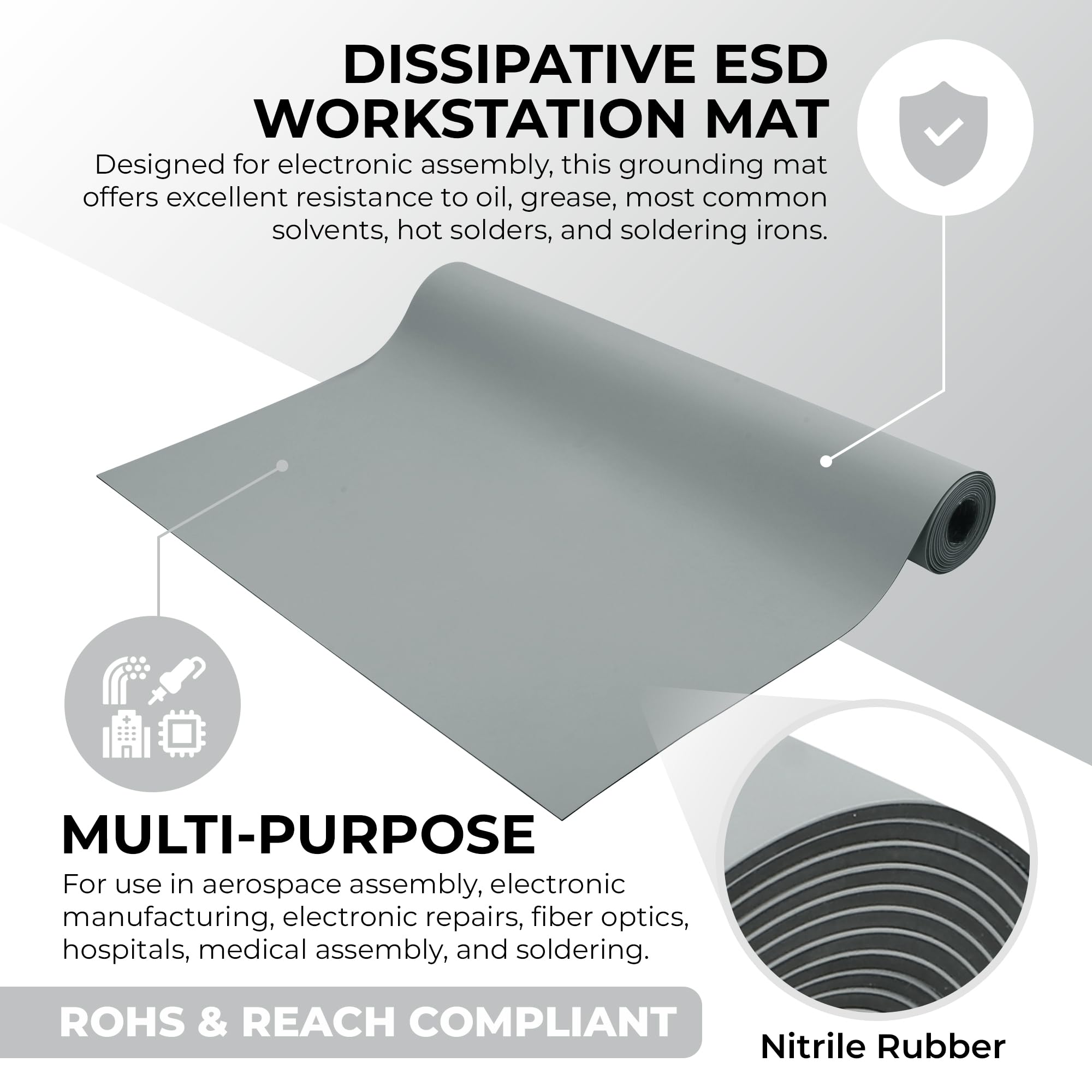MWRF Source Rollo de estera de soldadura ESD de goma de alta temperatura, 2 pies de ancho x 10 pies de largo x 0.06 pulgadas de grosor, gris, compatible con RoHS y alcance (2 pies x 10 pies, gris)