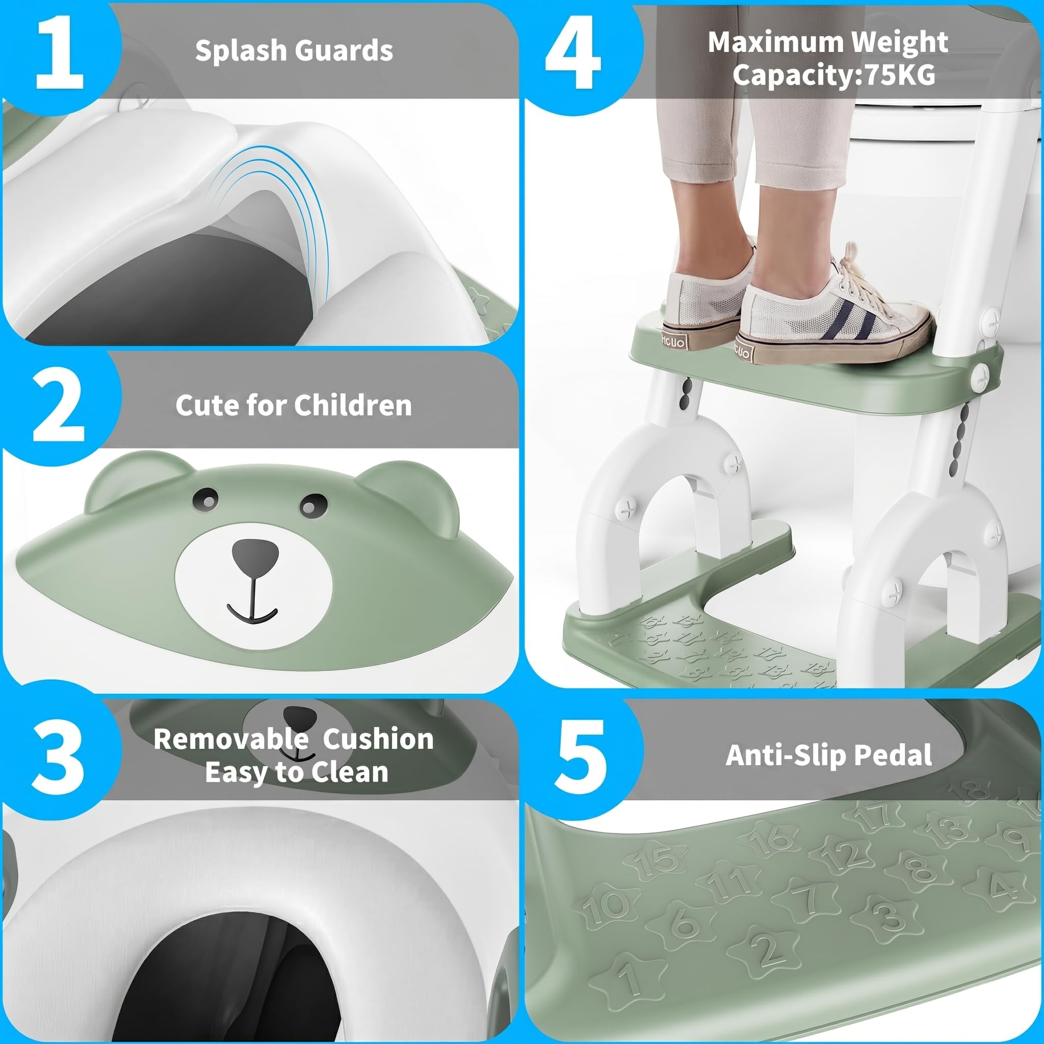 Reducteur Toilette Enfant，Améliorées Adaptateur Toilette pour Enfants Garçons et Filles，2 en 1 Rehausseur Toilette Enfant，Réglable en Hauteur et Portable，Tabouret d'escalier (Pistache)
