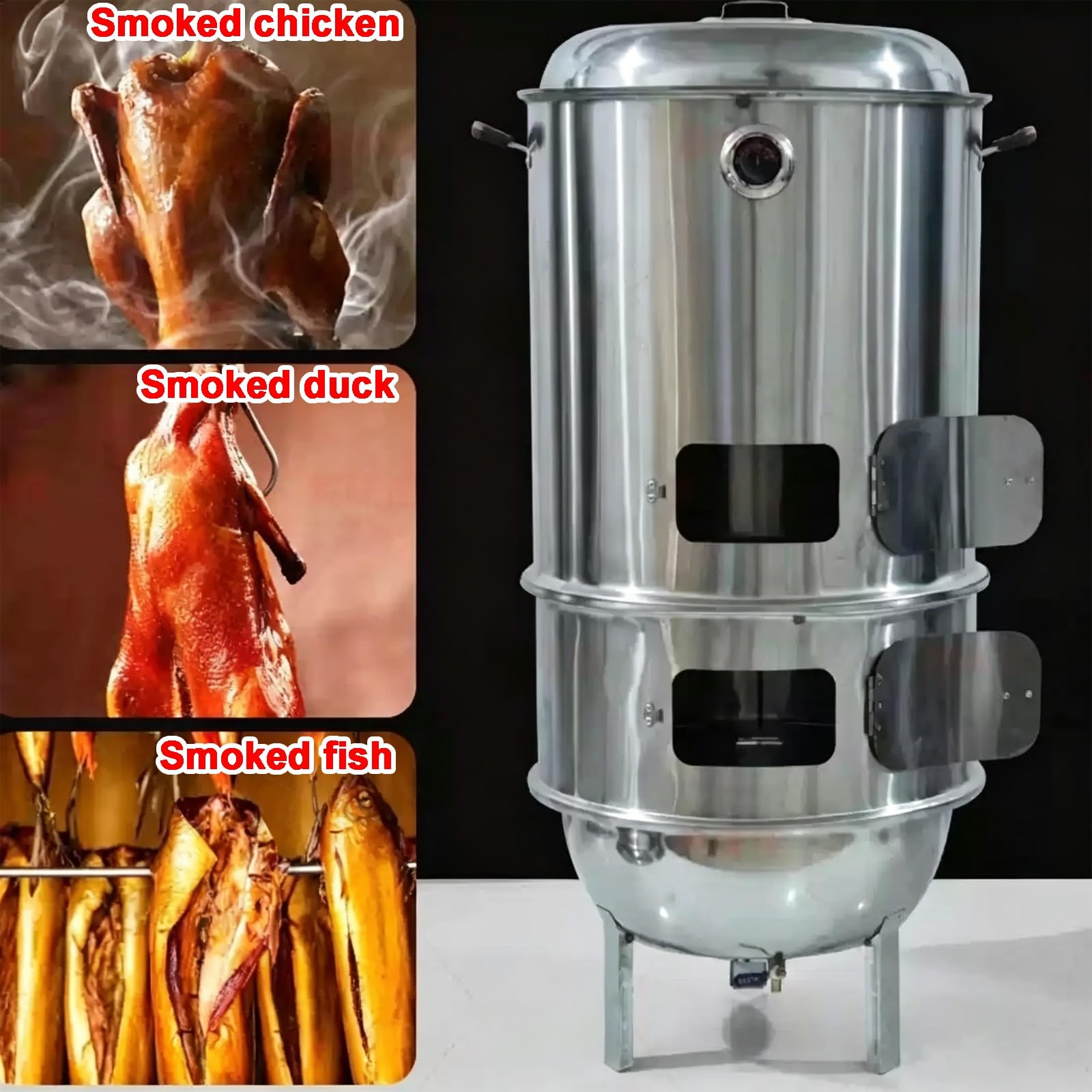 Grill Beczkowy z Termometrem Równomierne Ogrzewanie 360°, Wędzarnia Stali Nierdzewnej z Różnymi Akcesoriami Oddzielenie Oleju od Węgla do Mięsa, Ryb, Serów
