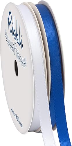 Ribbli 2 rollos de cinta satinada azul real y blanco para manualidades, total de 20 yardas, (azul real de 14 pulgadas x 10 yardas, blanco de 14