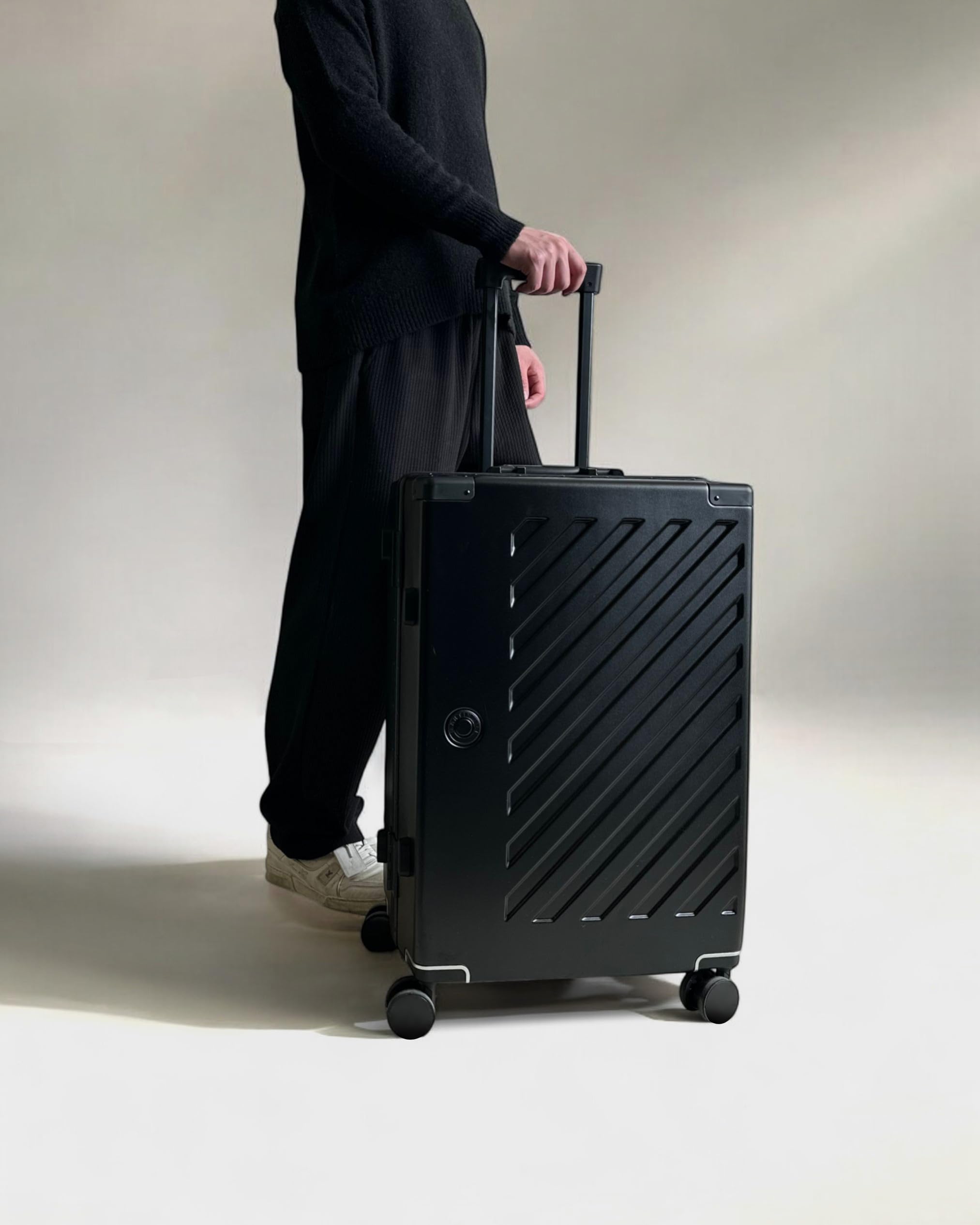 JLY 100% poliwęglanowy bagaż bez zamka błyskawicznego, podwójne zamki TSA Hardshell walizka z 4 kołami obrotowymi, aluminiowy uchwyt, bagaż podręczny w kabinie, Stal Czarna, M (65cm 60L)
