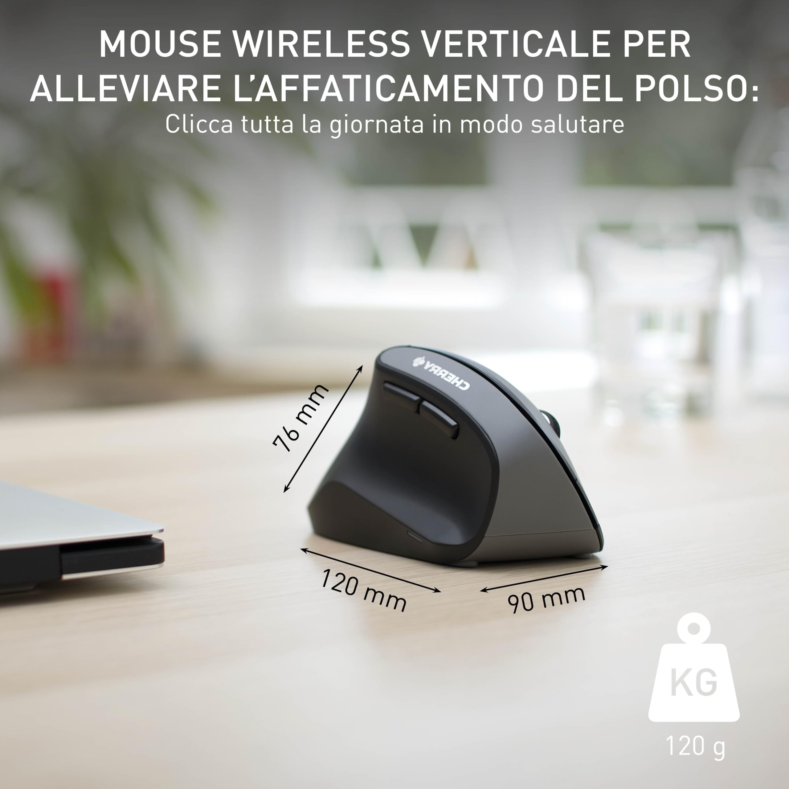CHERRY MW 4500 LEFT, Mouse Verticale Ergonomico per Mancini, Senza Fili (2,4 GHz), Risoluzione Regolabile su 3 Livelli Fino a 1200 dpi, a Batteria, Nero
