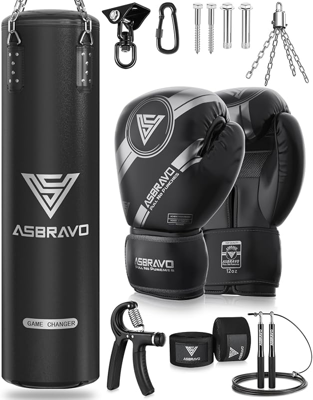 ASBRAVO 120 cm-es PU Boxzsák Szett Felnőtteknek - 12 oz Kesztyűvel, MMA, Muay Thai és Kickbox Edzéshez, Otthoni Edzőterembe (Töltetlen)