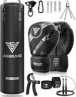 4ft PU Punching Bag Set for Adults with Gloves, Adjustable Weight | 12oz Boxing Gloves,180-Inch Hand Wraps, Jump Rope, Hand Gripper, Hanging Accessories, Home Gym Training - Unfilled