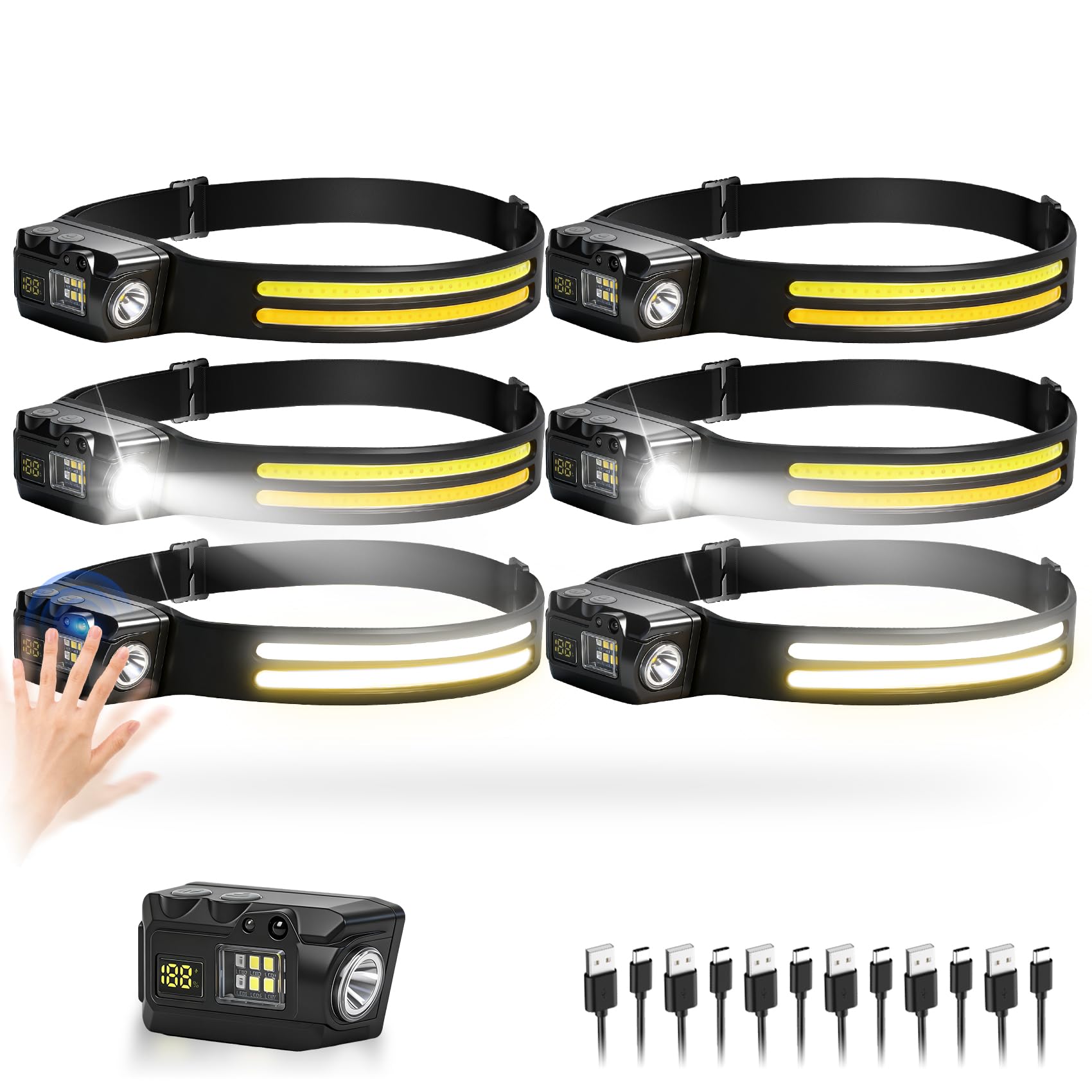 Stirnlampe, wiederaufladbar, 6er-Pack, 230° COB Weitstrahl-Stirnband, Mini-LED-Stirnlampe mit abnehmbarem Magnetbefestigungsdesign, 3 + 5 Modi für Outdoor, Camping, Angeln, Laufen