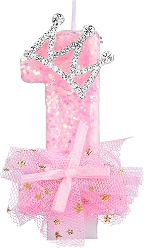 Velas de número de cumpleaños, velas de malla con lazo de corona de 2.95 pulgadas, velas de números rosas con purpurina, velas de cumpleaños con