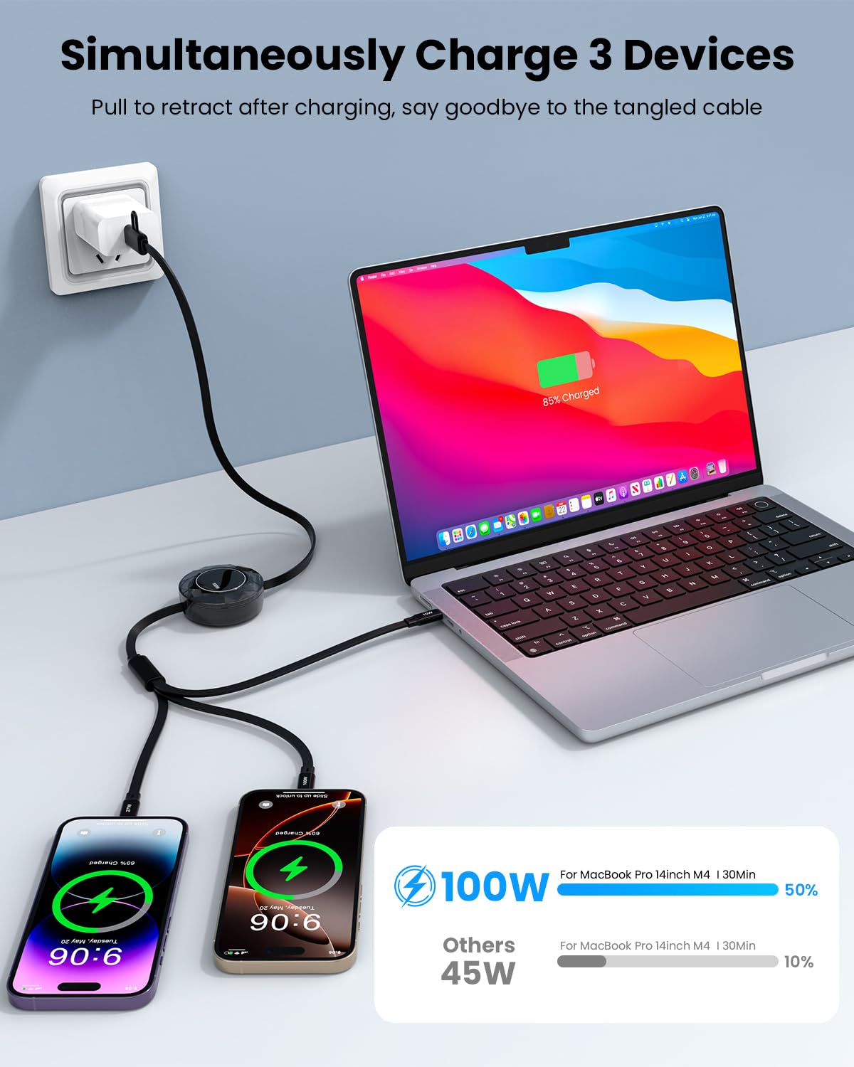 5-in-1 100W Retractable Multi Charging Cable, 5A Fast Charging Cables for Multiple Devices with Lightning/Type C/Micro USB Ports, USB Multi Charger Cords for iPhone 16 15 14, iPad, MacBook, Tablet - Image 4