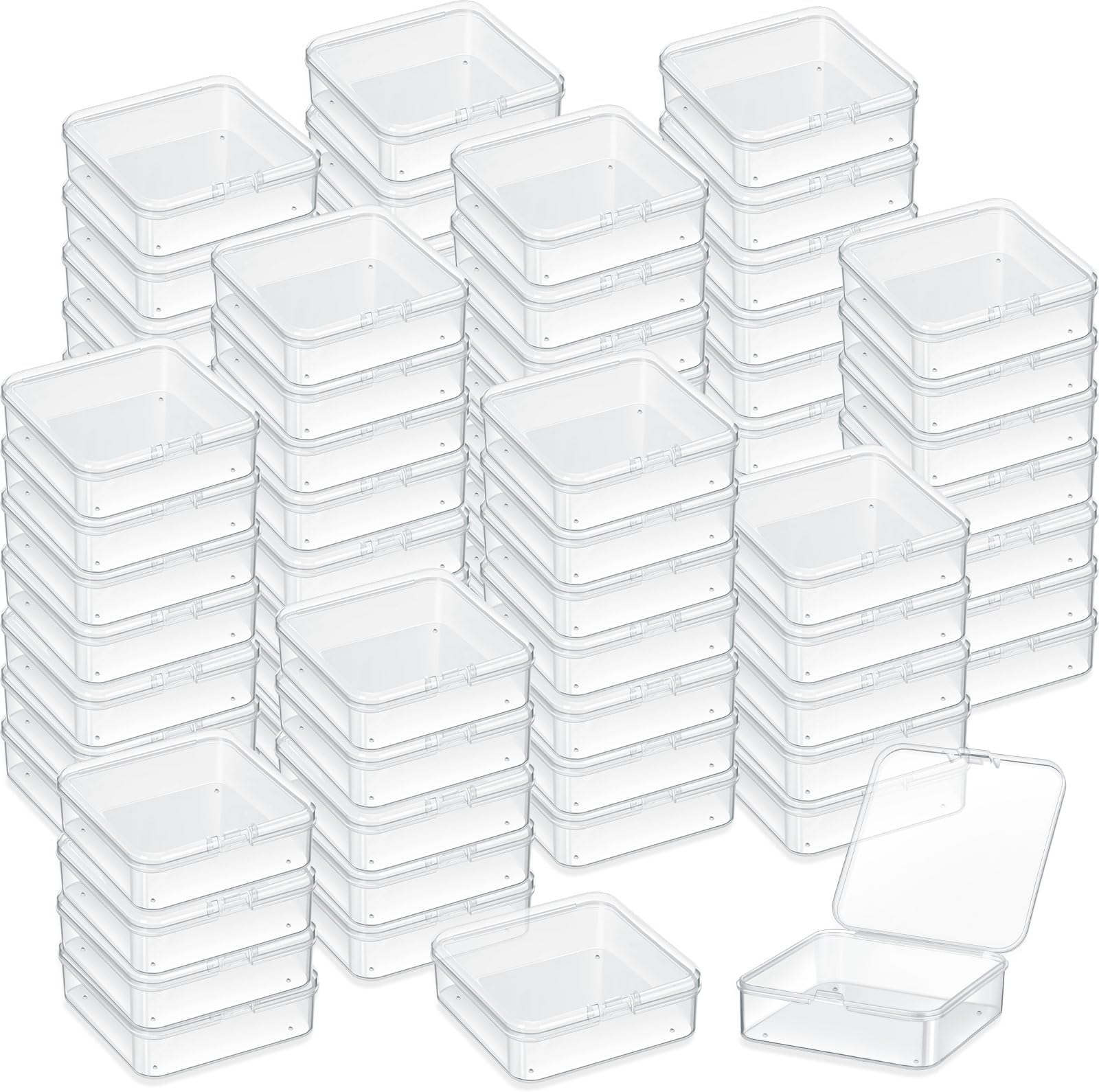 Menkxi 100 Pcs 2.8 x 2.8 x 1 Inch Plastic Bead Storage Containers Box Transparent Boxes with Hinged Lid Clear Bead Organizer Box for Small Items DIY Craft Jewelry Hardware Business Cards Game Pieces