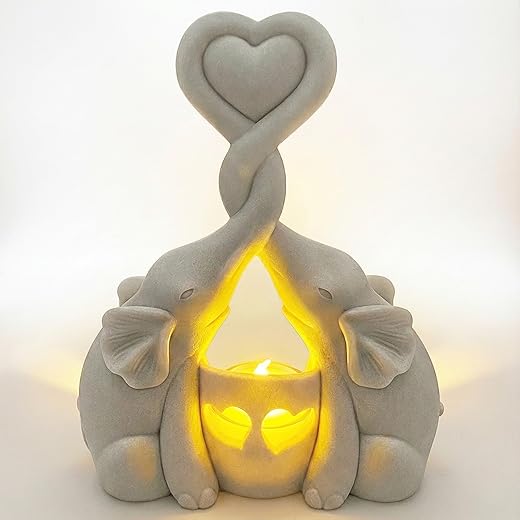 Elephant Love Candle Holder Statue - Elegant Elephant Decor for Home, Living Room, or Bedroom - Flickering LED Candle Included - Ivory 14th Anniversary, Couples, Valentine's, or Housewarming Gift Idea
