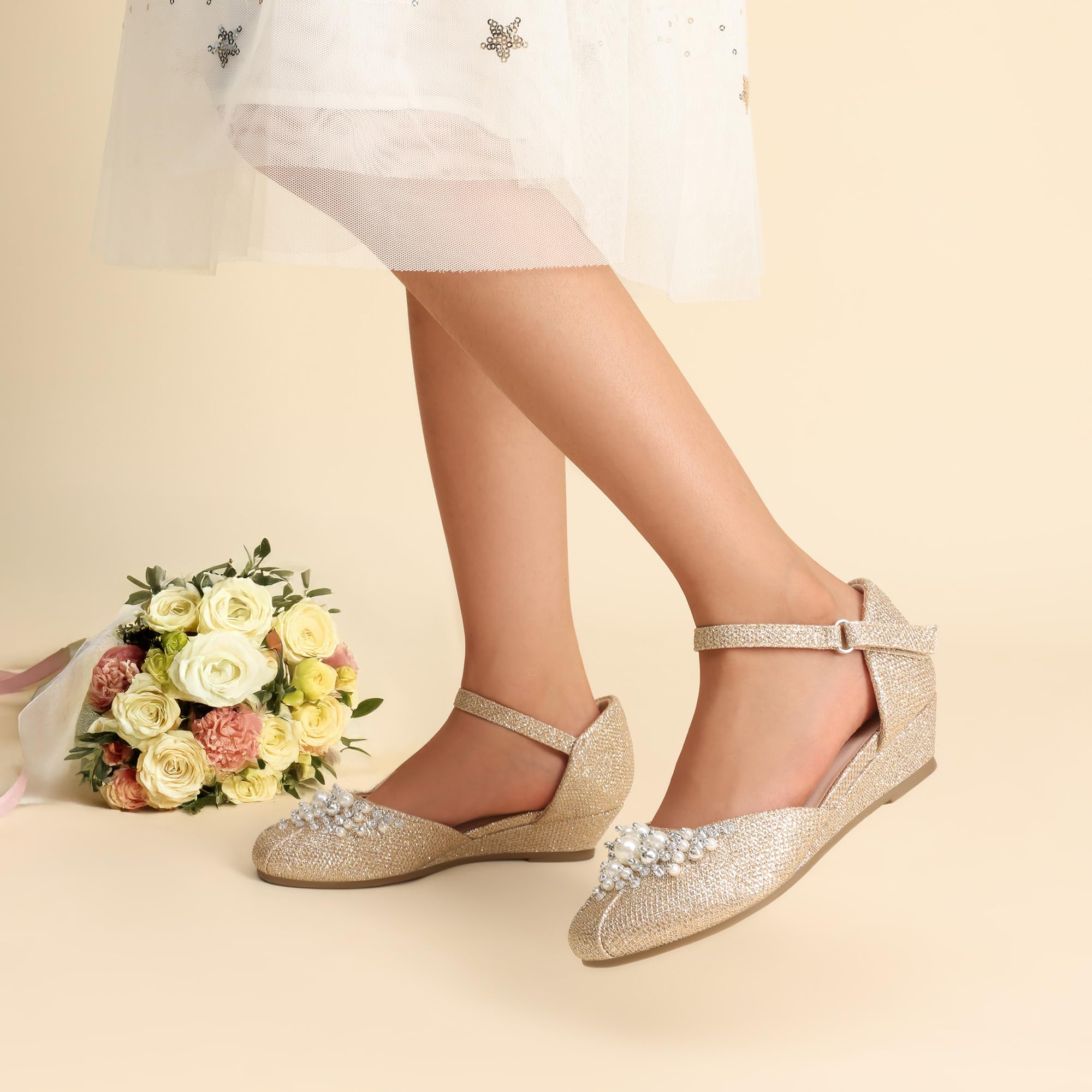 DREAM PAIRS Mädchen Prinzessin Schuhe Schulschuhe Flache Schuhe Kleiderschuhe Absätze niedrige Keilpumps mit Perlen und Strasssteinen