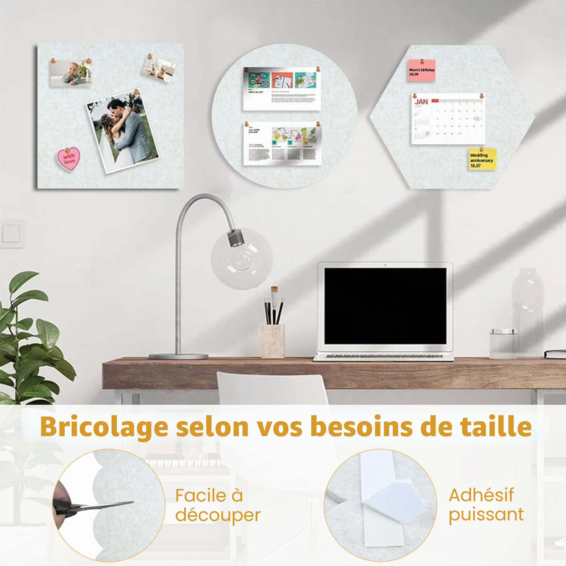 Lot de 2 grands tableaux d'affichage en feutre à bord ondulé panneau de liège avec 30 épingles - 60 x 90 cm - Tableau mémo décoratif DIY avec dos auto-adhésif pour murs - Marron clair
