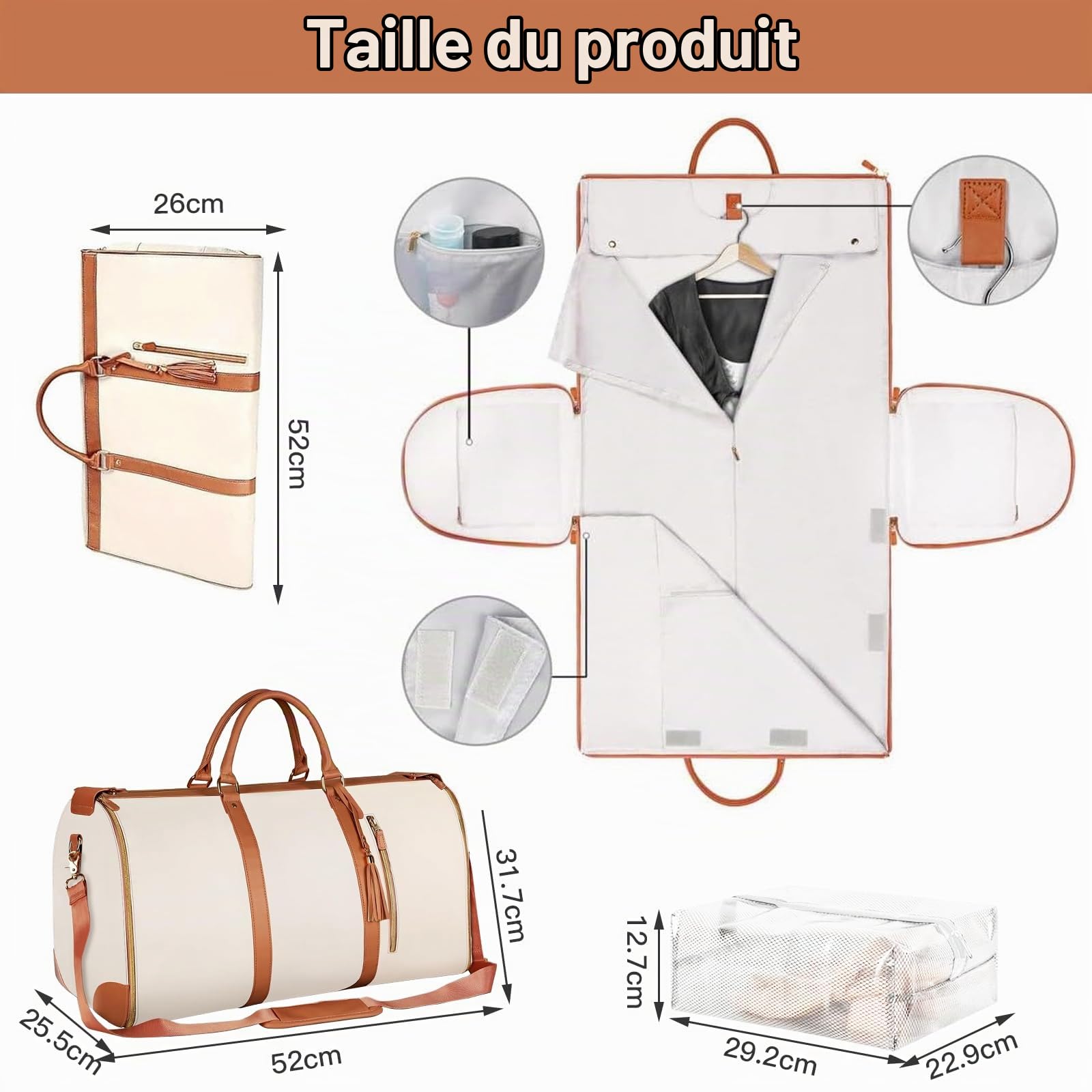Sac de Voyage Pliable, Sac Voyage Cabine, Sac de Sport Femme Etanche, Grande Travel Bag, Sac Weekend Femme, Portable Duffle Bag, Valise Suspendue 2 en 1, Sac de Vetement Pliable Voyage (Blanc)