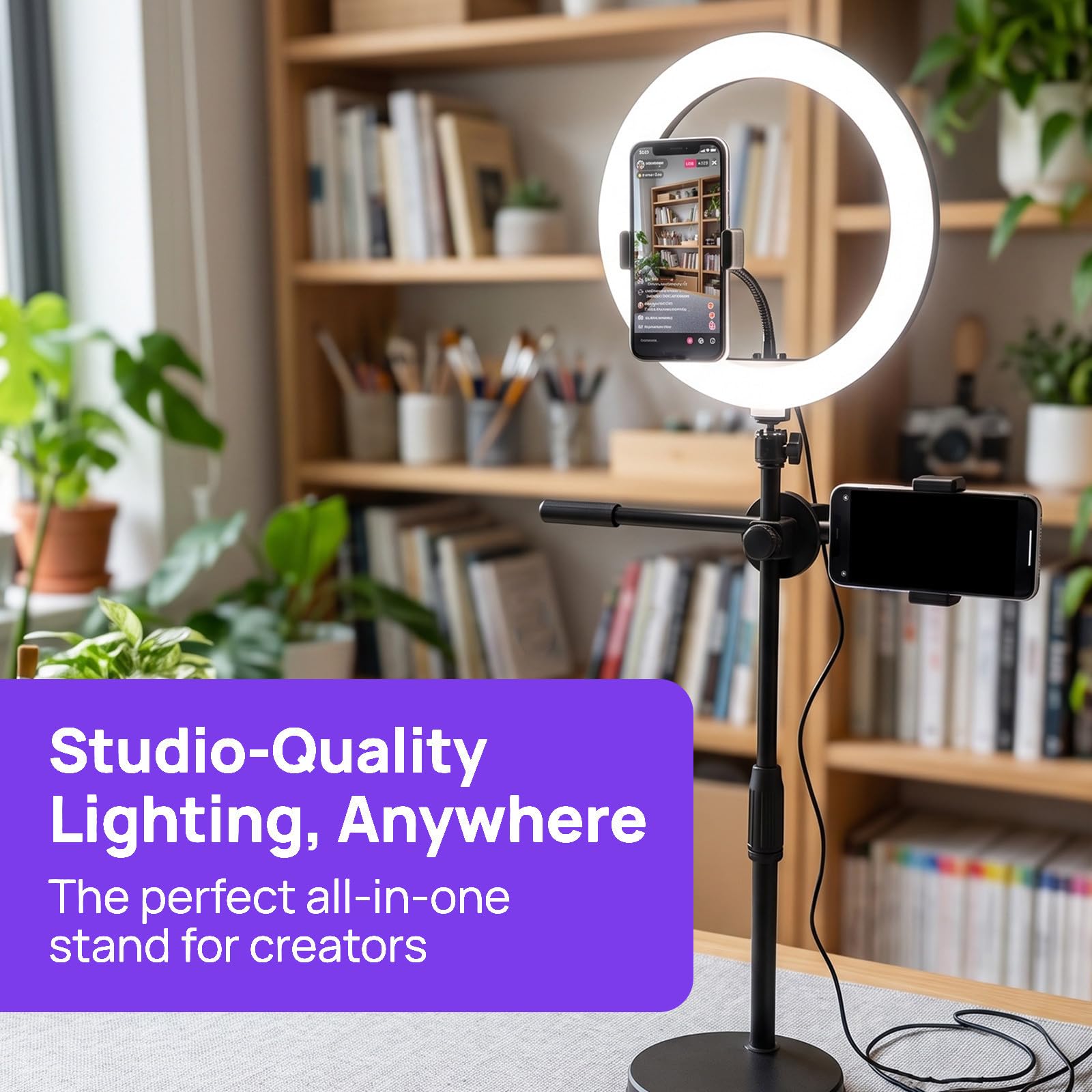 SHINEOFI Soporte de Mesa para Teléfono Anillo de Luz USB Negro