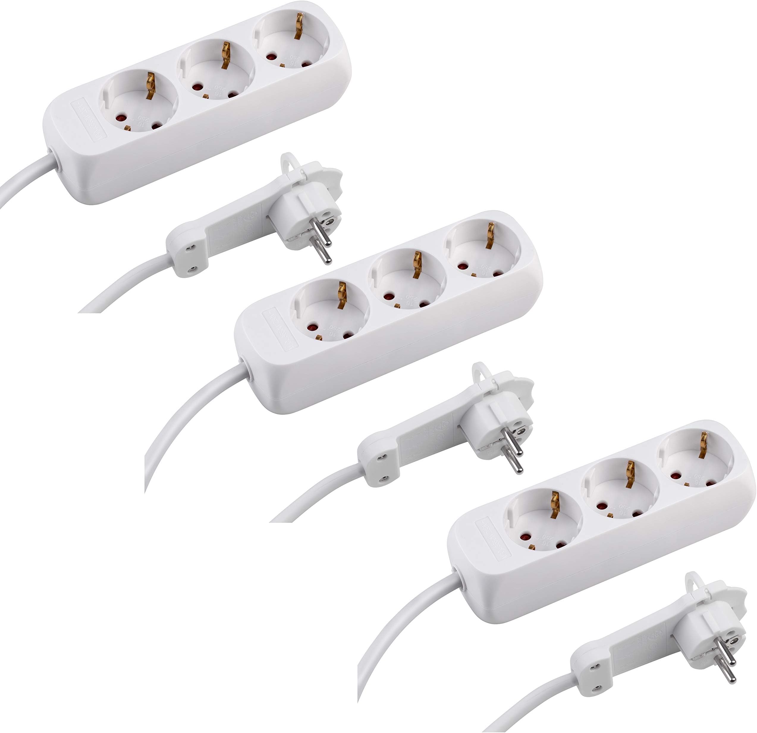 Meister 3-Way Power Strip - Set of 3 - Extra Flat Plug - 1.4 m Cable - White - IP20 Indoor/Multiple Socket Strip with Flat Plug/Table Socket/Power Strip / 74301803 Pieces