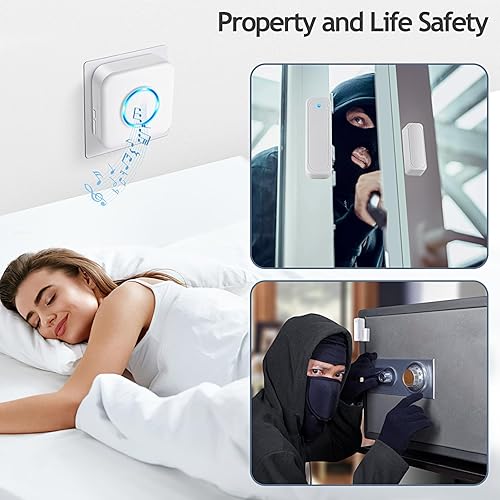 Vista 17 de Satisure - Timbre de puerta inalámbrica con sensor de contacto abierto con rango de 600 pies, 58 campanillas, 5 niveles de volumen, indicadores LED