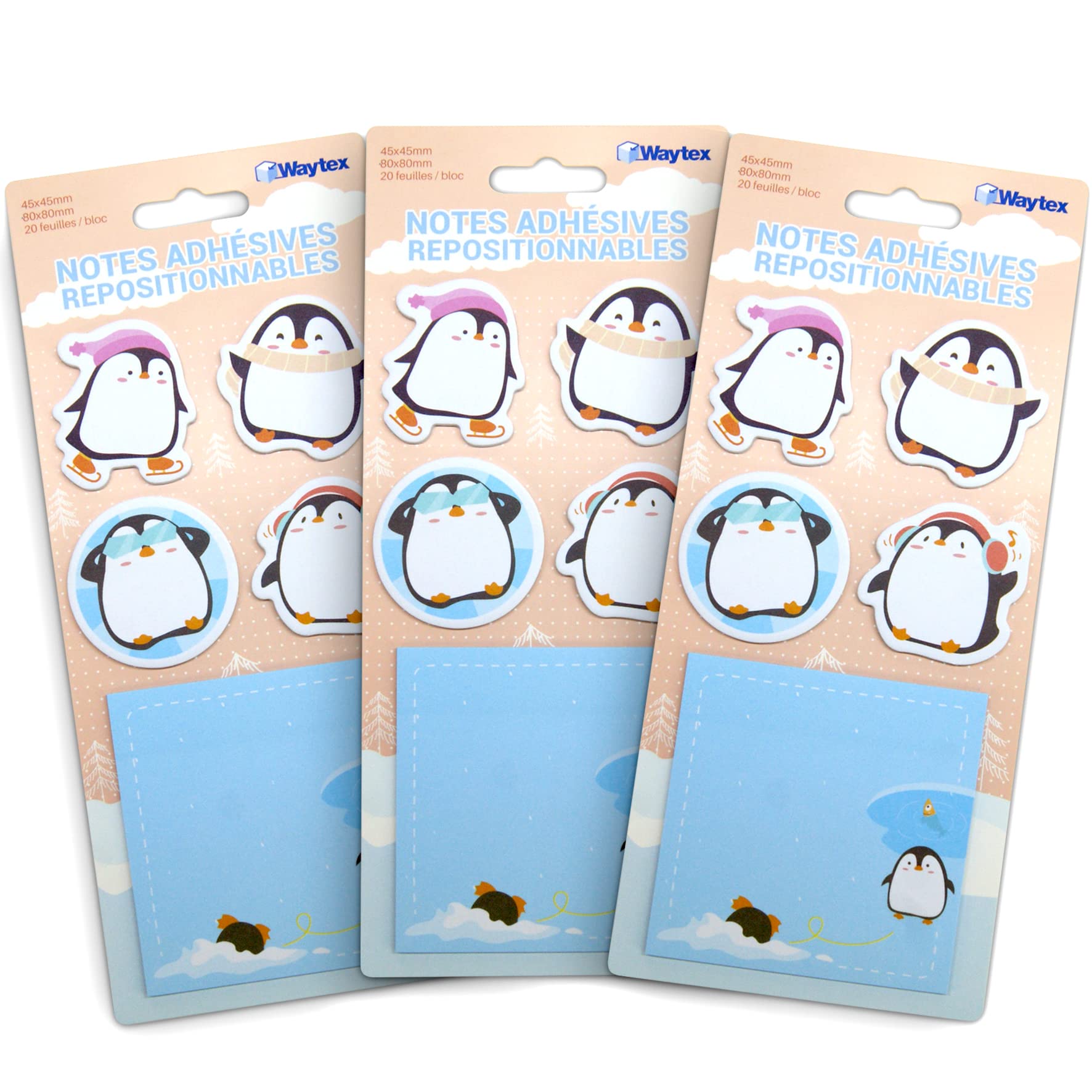 Waytex300 Reusable Sticky Notes Fantasy Cute Animals 3 Stands with 100 Notes 4 Mini Penguin Pads and 1 Square Pad 8 x 8 cm Printed