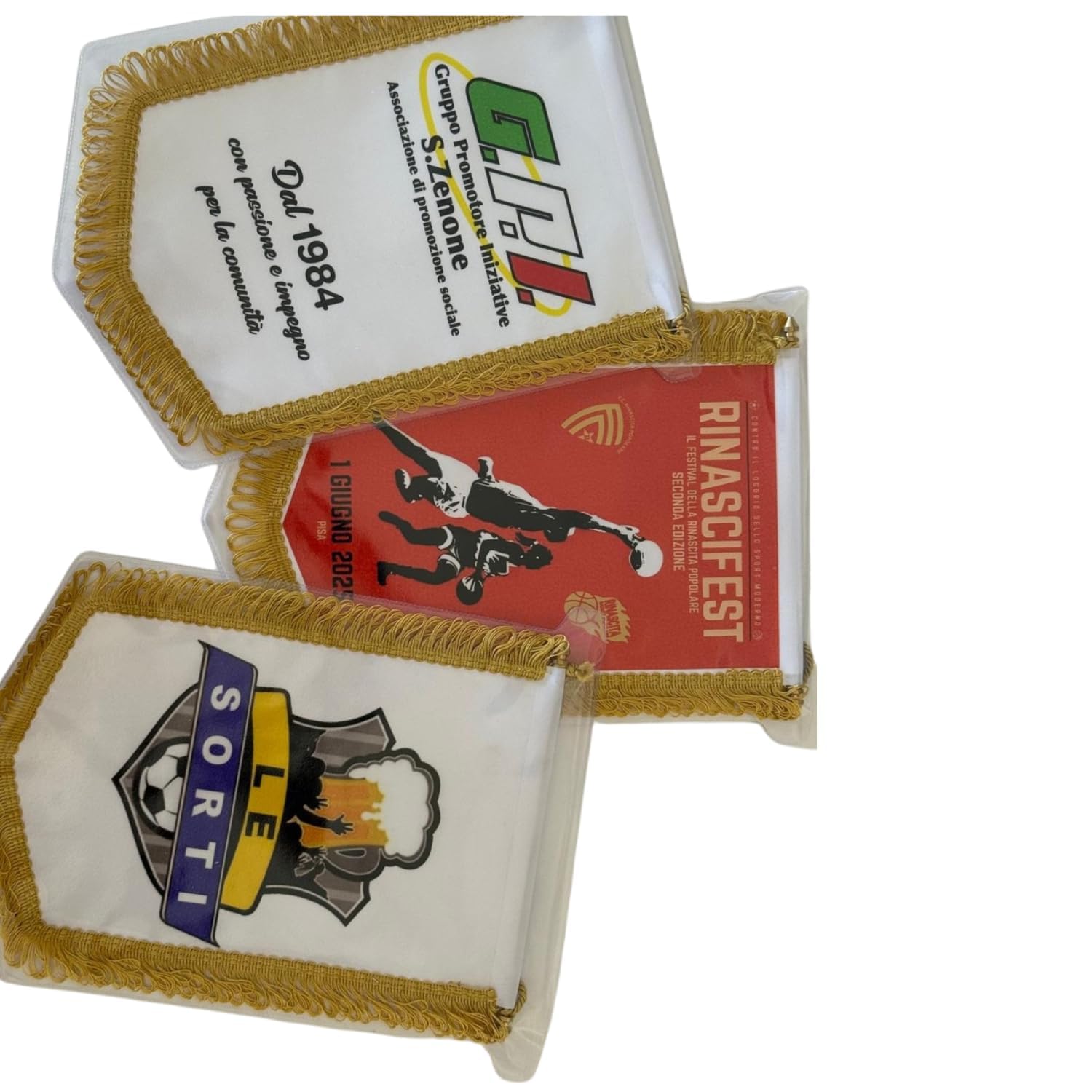 Gagliardetti Personalizzati 20x28 cm con Bordo Dorato in Raso, Cordino, Astina Rigida e Custodia