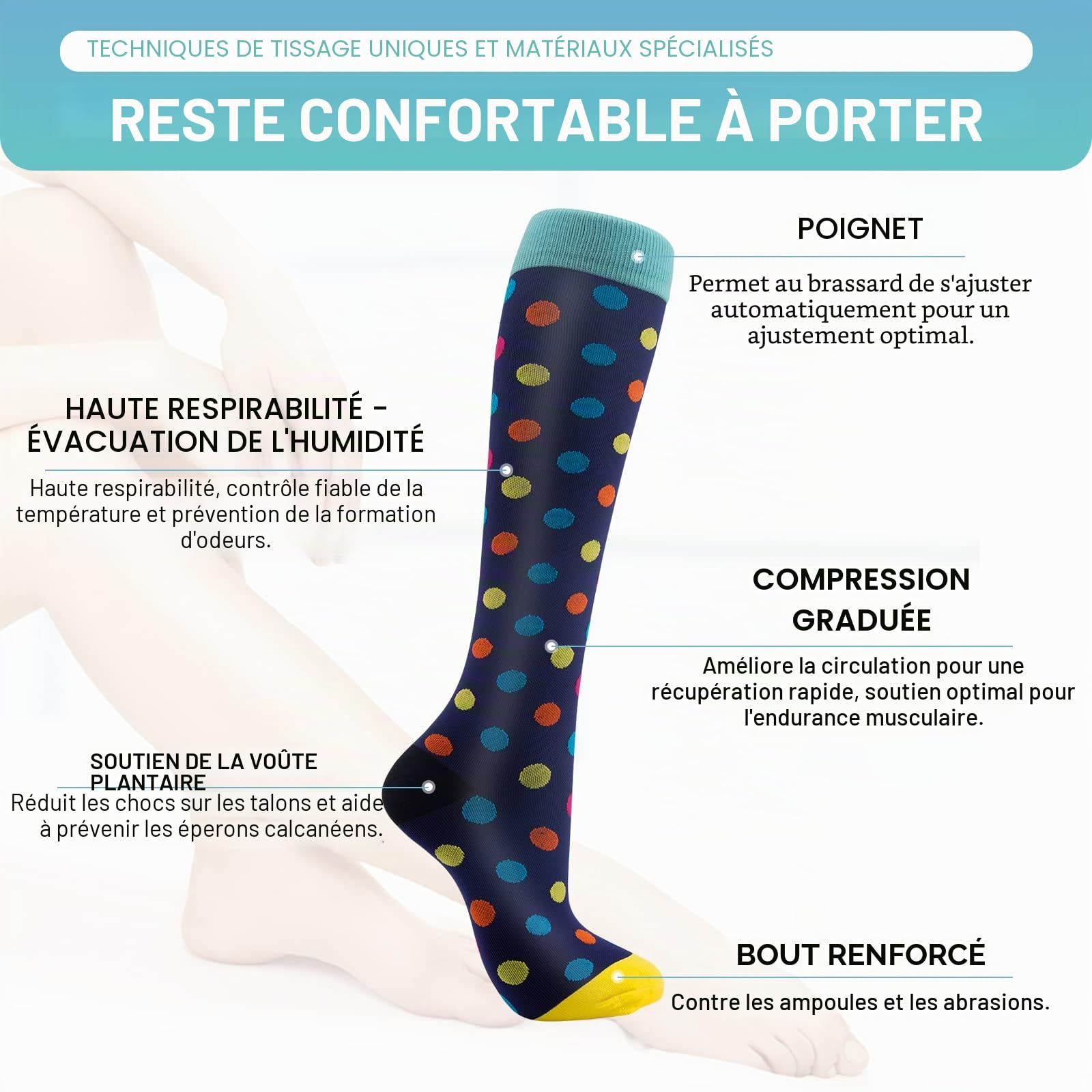 Chaussettes de Compression, (2/4/6/7 paires) pour Hommes et Femmes 15-20 mmHg, idéales pour L'athlétisme, la Course, les voyages en avion, le Soutien