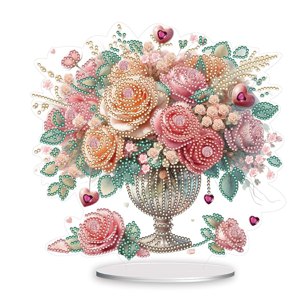 ENCOMAG Rose Vase Diamond Painting Desktop Ornaments DIY Diamond Art Table Topper Paint by Number by Diamonds Mosaic Arts Crafts Home Living Room Office Valentine's Day Table Top Decor