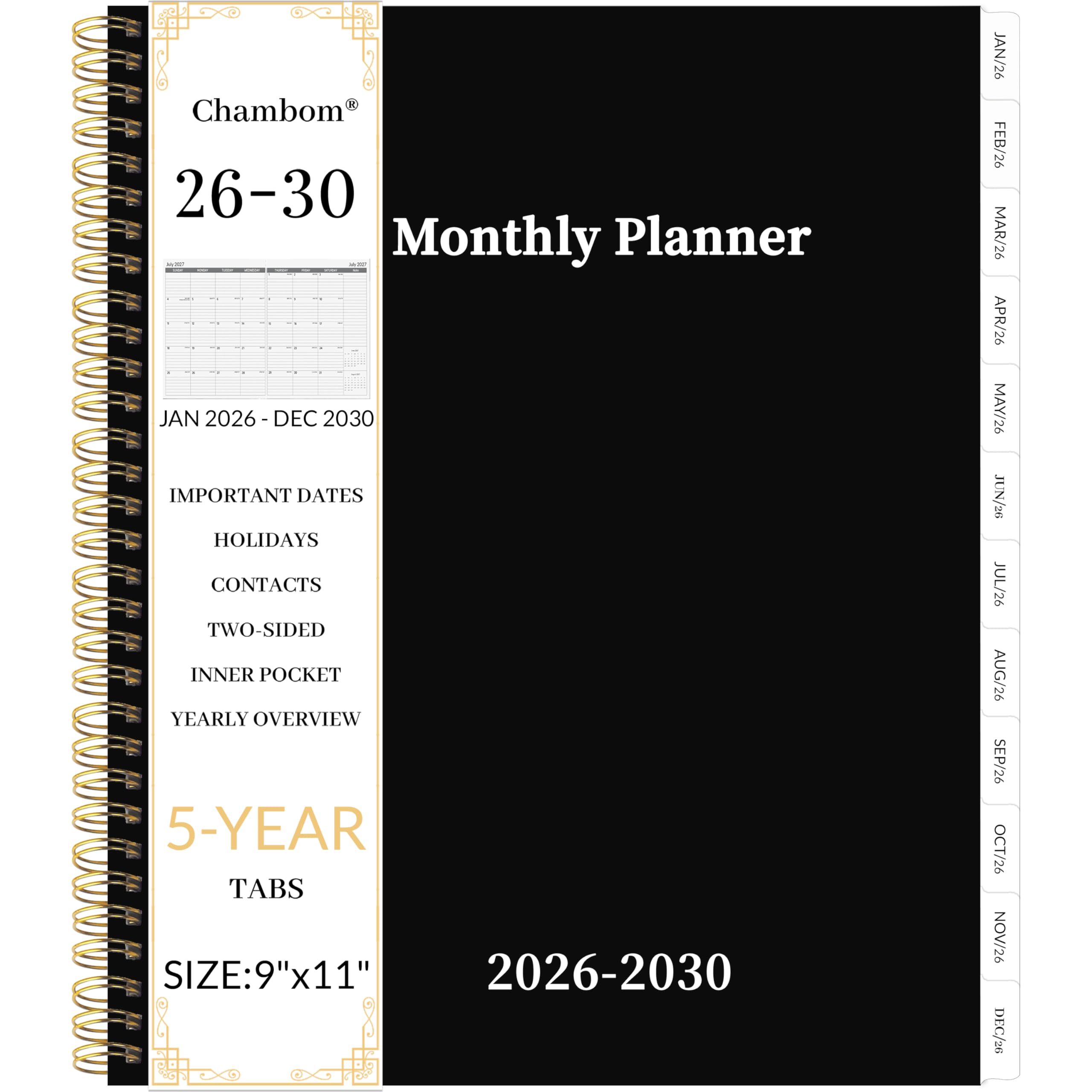 2026-2030 Monthly Planner 5 Year Monthly Planner/Calendar 2026-2030, Jan 2026 – Dec 2030, 9" x 11", Tabs, Double-Side Pocket, Holidays, Thick Paper